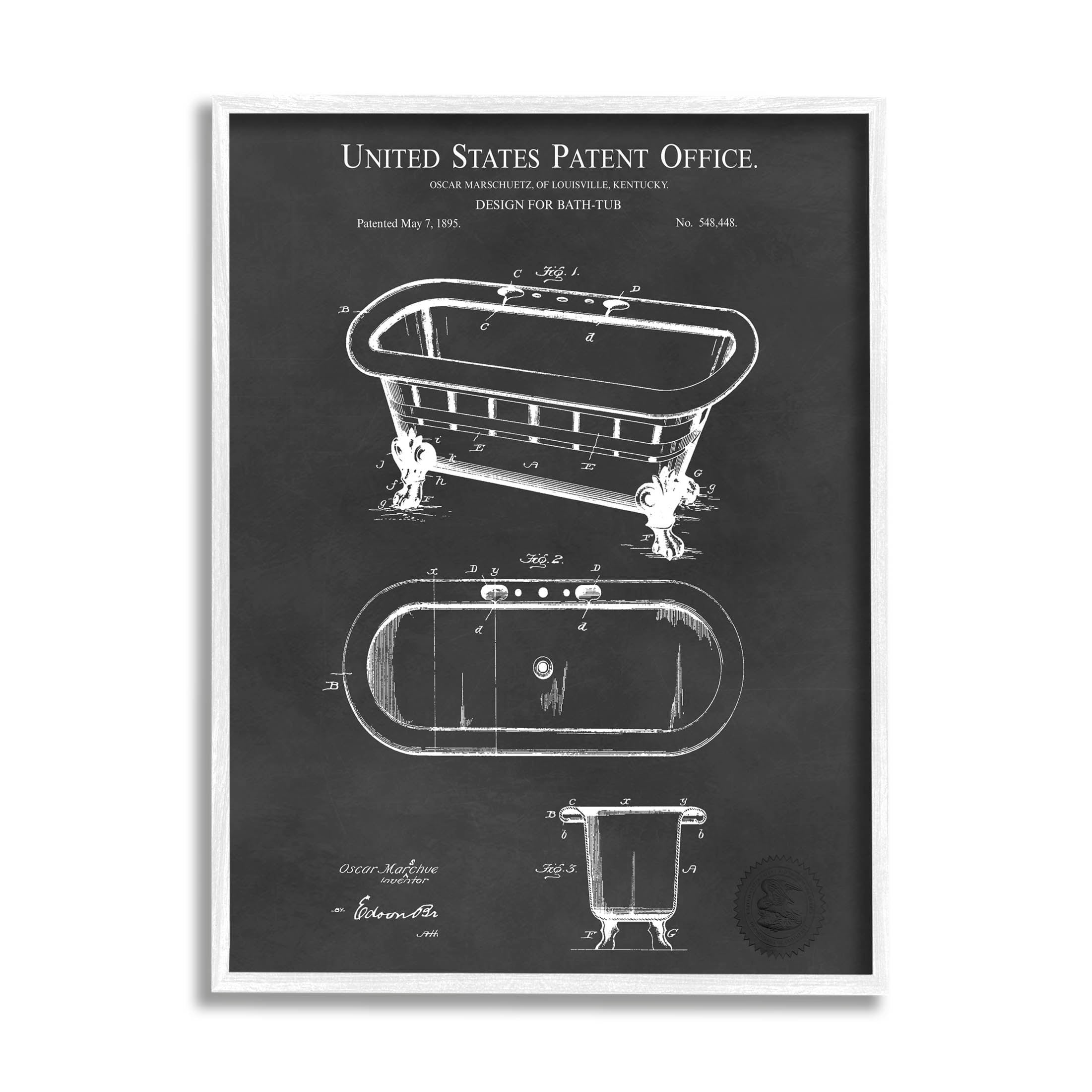 Stupell Industries Bathroom Tub Patent Diagram Graphic Art White Framed Art Print Wall Art, Design by Karl Hronek