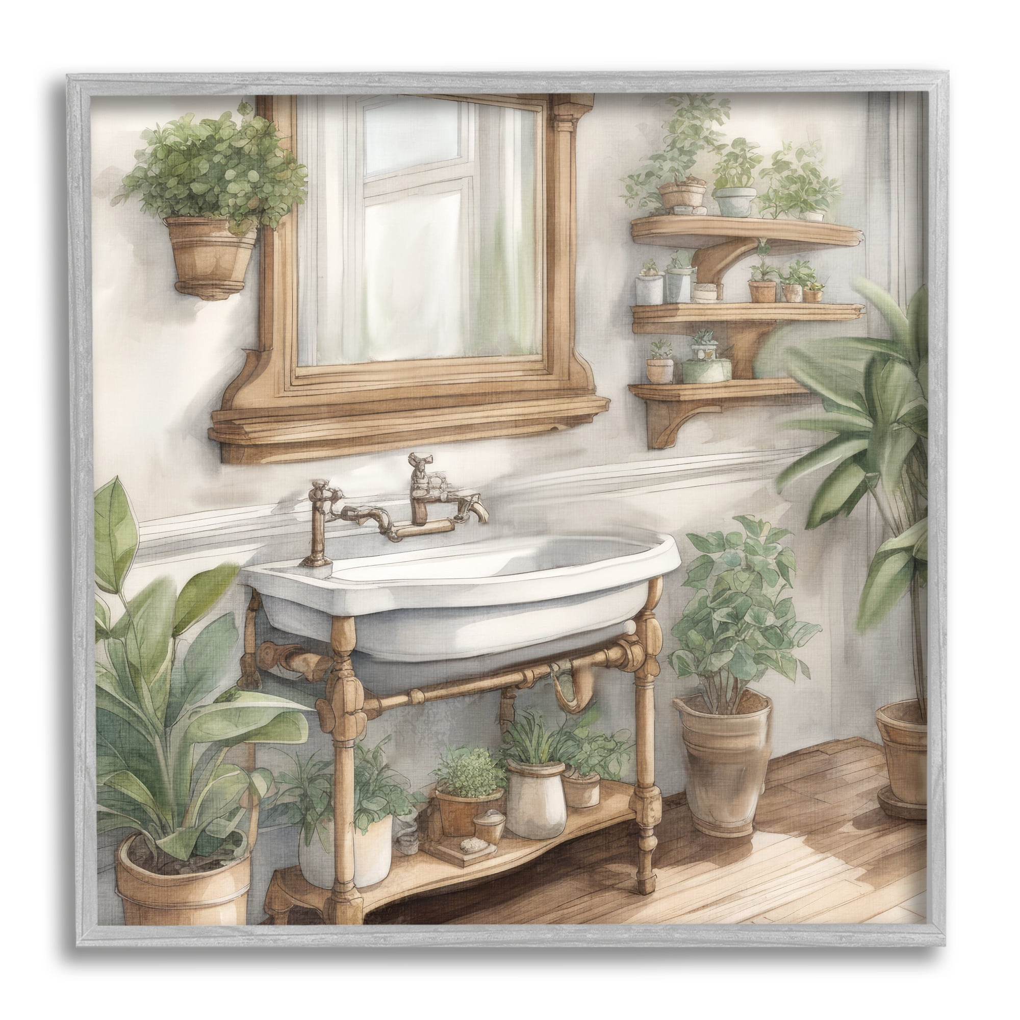 Stupell Industries Bathroom View with Plants Botanical & Floral Painting Gray Framed Art Print Wall Art, 24 x 24