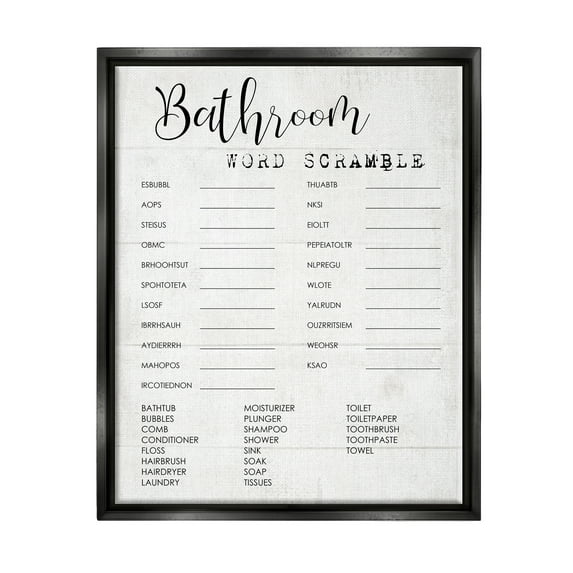 Stupell Industries Bathroom Word Scramble Fun Family Word Design Jet Black Framed Floating Canvas Wall Art, 24x30, by Daphne Polselli