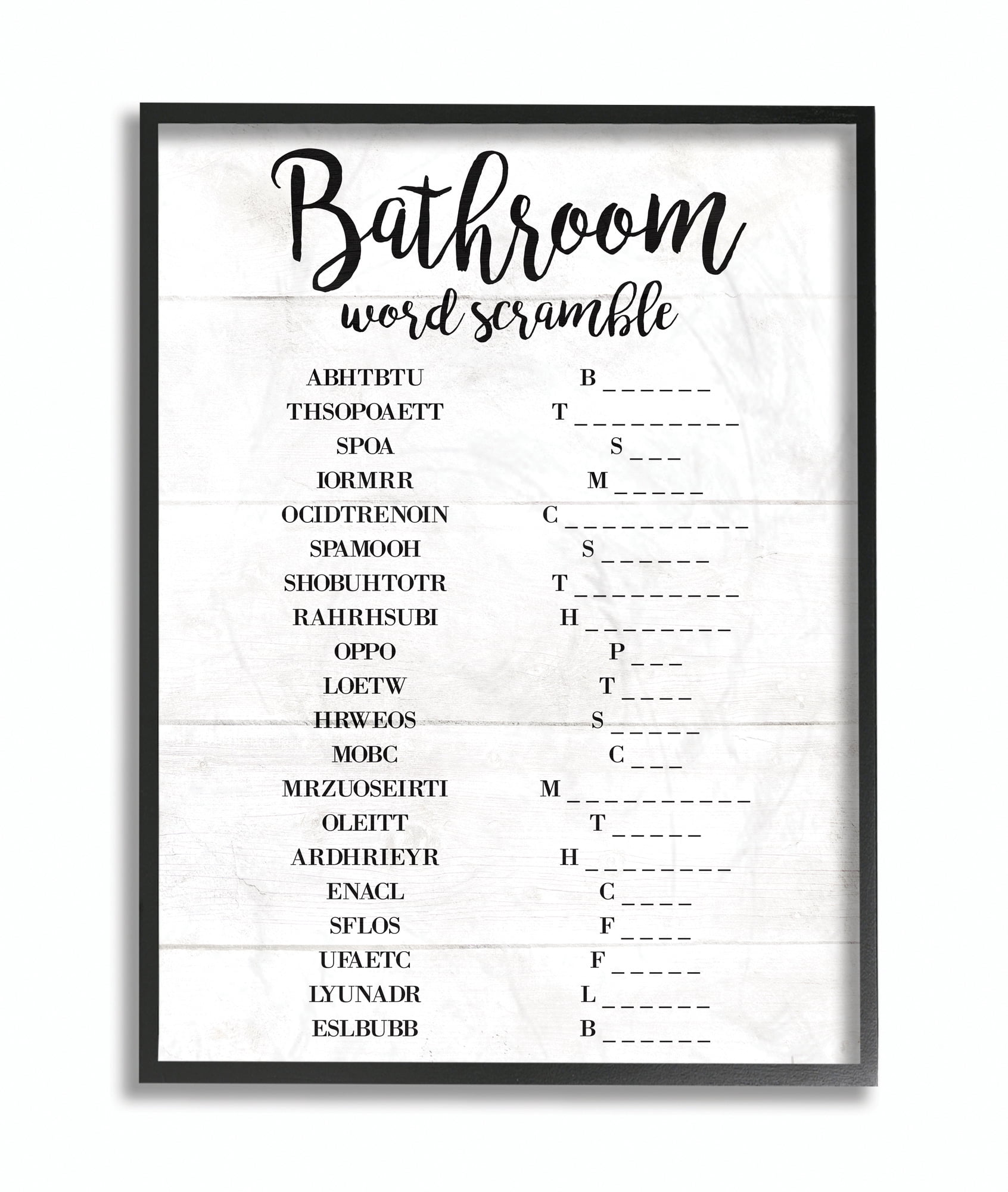Stupell Industries Bathroom Word Scramble White And Black Word Design Framed Wall Art by Daphne Polselli