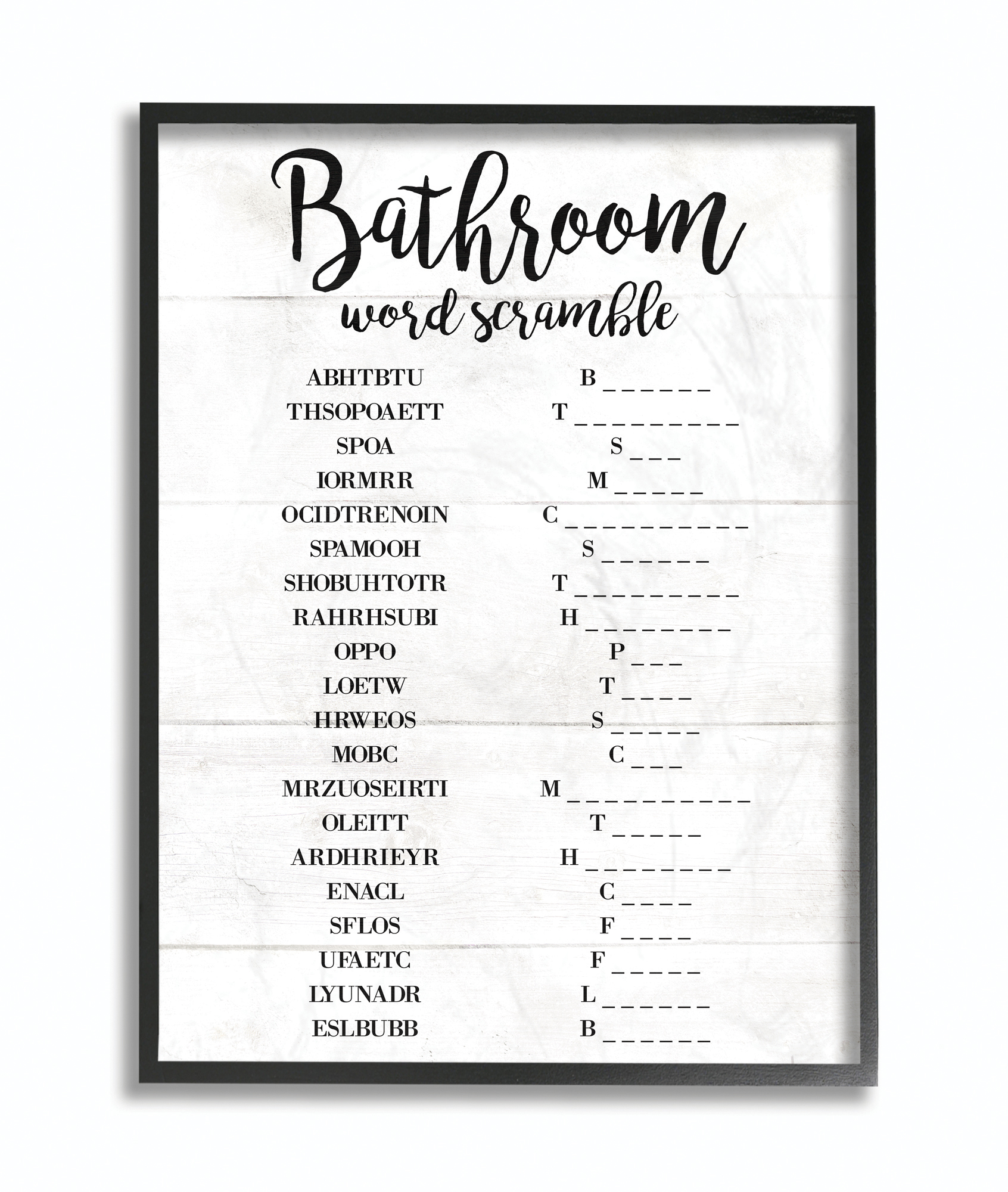 Stupell Industries Bathroom Word Scramble White And Black Word Design Framed Wall Art by Daphne Polselli