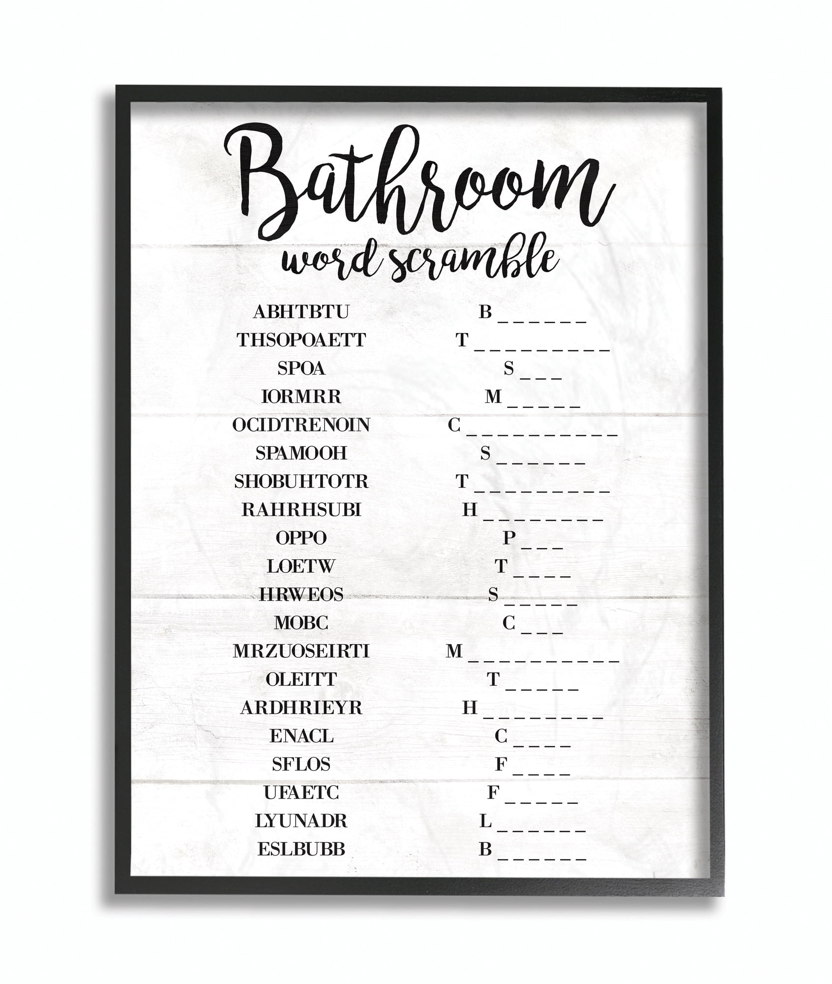 Stupell Industries Bathroom Word Scramble White And Black Word Design Framed Wall Art by Daphne Polselli