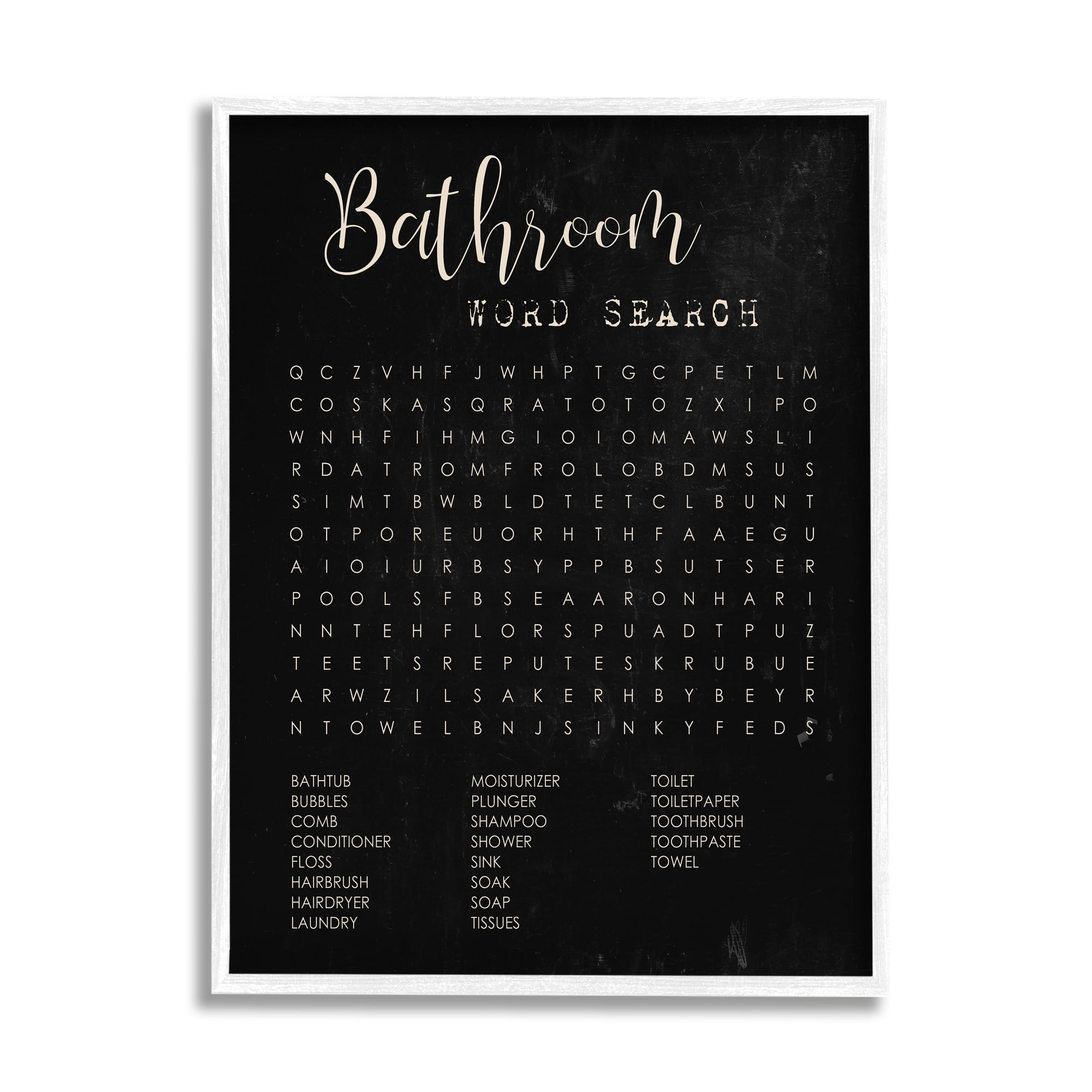 Stupell Industries Bathroom Word Search Activity over Distressed Black, 11 x 14,Design by Daphne Polselli