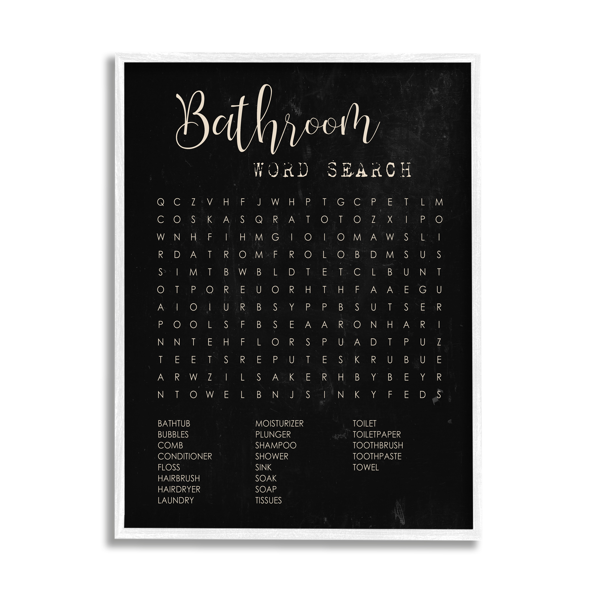 Stupell Industries Bathroom Word Search Activity over Distressed Black, 24 x 30,Design by Daphne Polselli