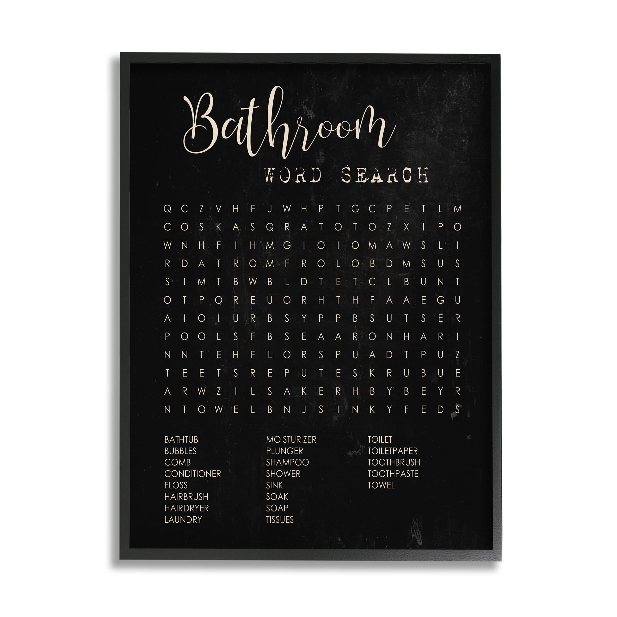 Stupell Industries Bathroom Word Search Activity over Distressed Black Inspirational Painting Black Framed Art Print Wall Art, 24 x 30