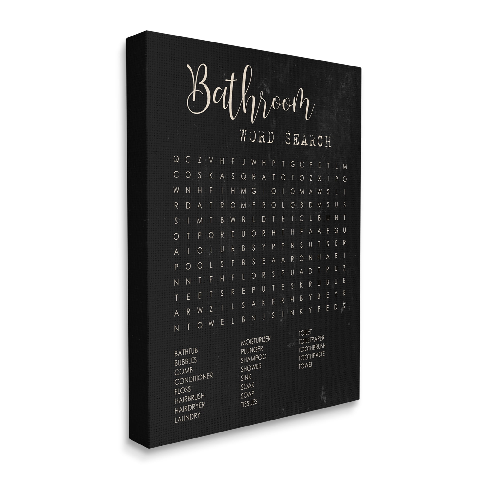 Stupell Industries Bathroom Word Search Activity over Distressed Black Inspirational Painting Gallery Wrapped Canvas Art Print Wall Art, 16 x 20