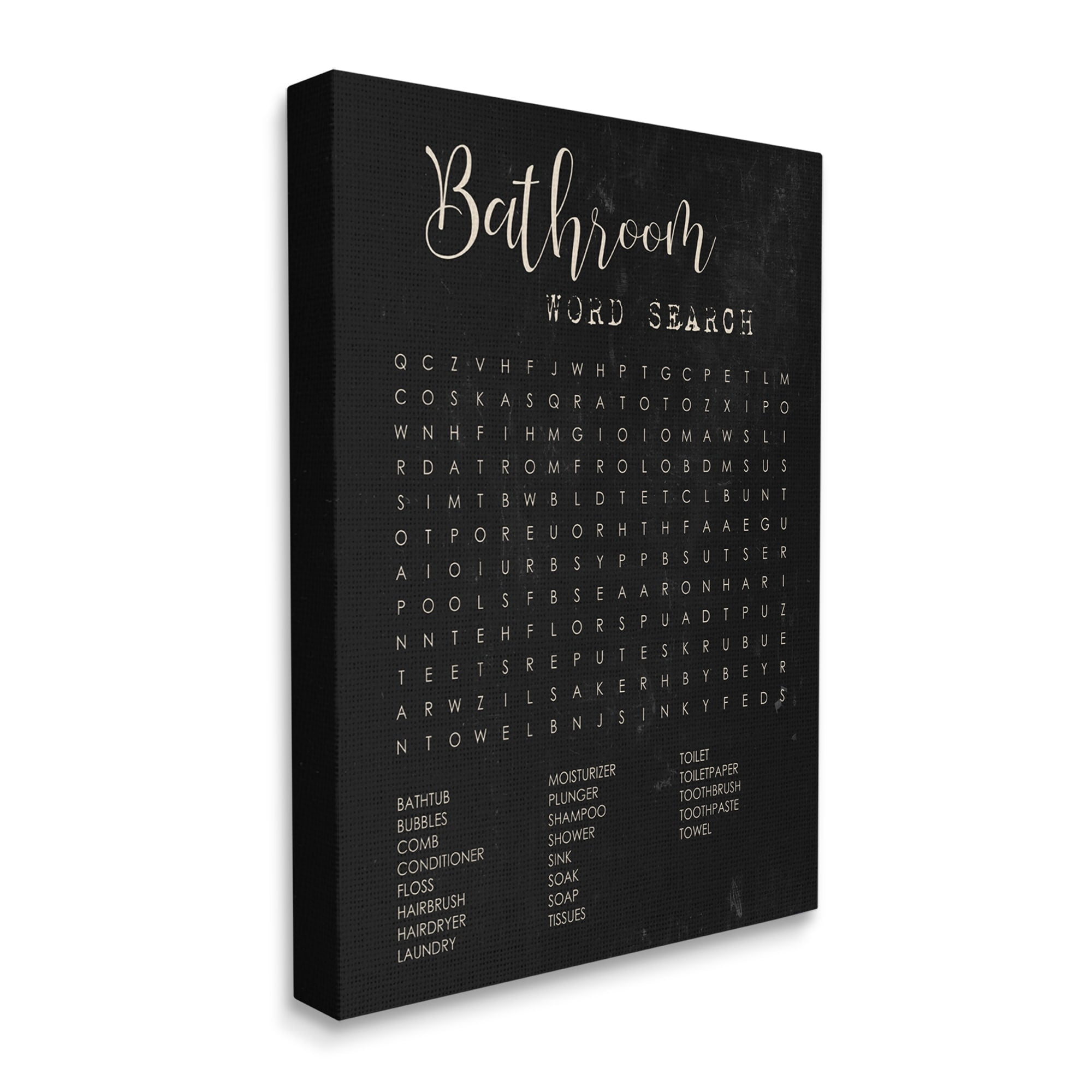Stupell Industries Bathroom Word Search Activity over Distressed Black Inspirational Painting Gallery Wrapped Canvas Art Print Wall Art, 30 x 40