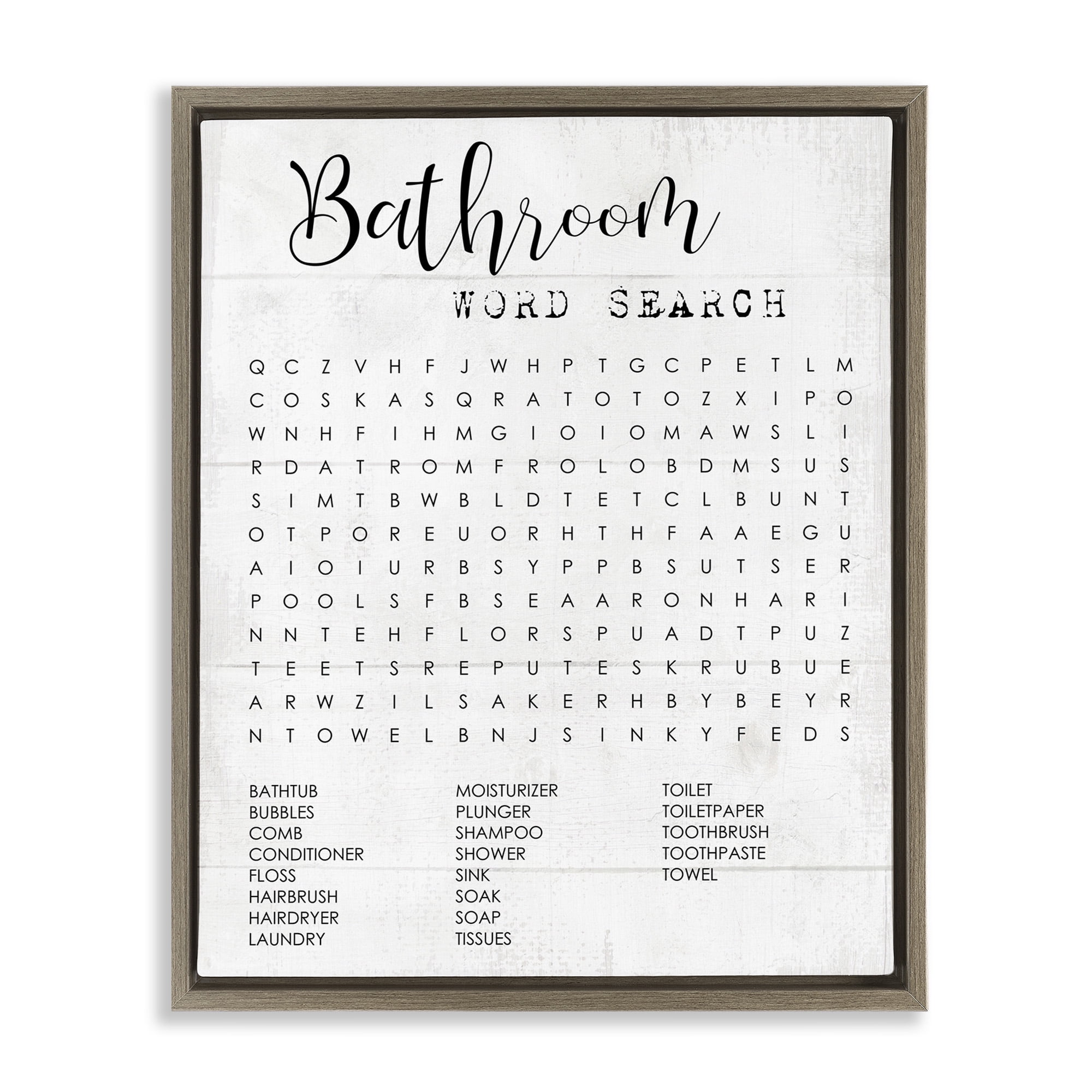 Stupell Industries Bathroom Word Search Family Fun Abstract Painting Brown Floater Framed Canvas Art Print Wall Art, 25 x 31