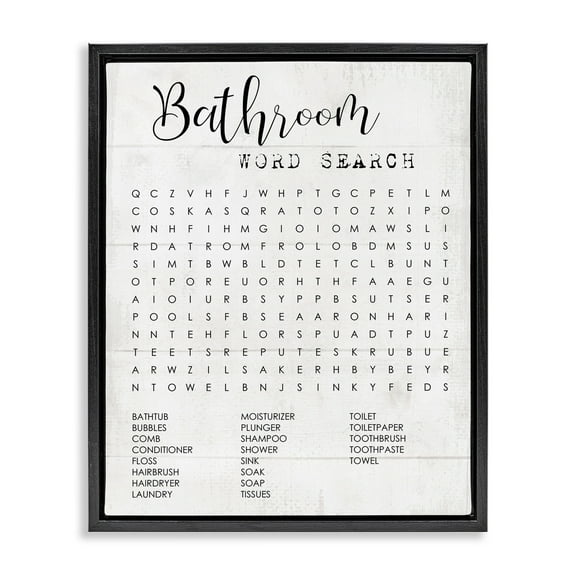 Stupell Industries Bathroom Word Search Fun Family Word Design Jet Black Framed Floating Canvas Wall Art, 16x20, by Daphne Polselli