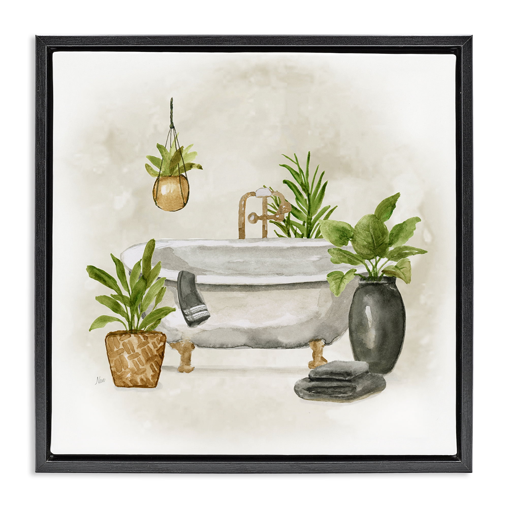 Stupell Industries Bathroom with Plants Bath & Laundry Painting Black Floater Framed Canvas Art Print Wall Art, 25 x 25