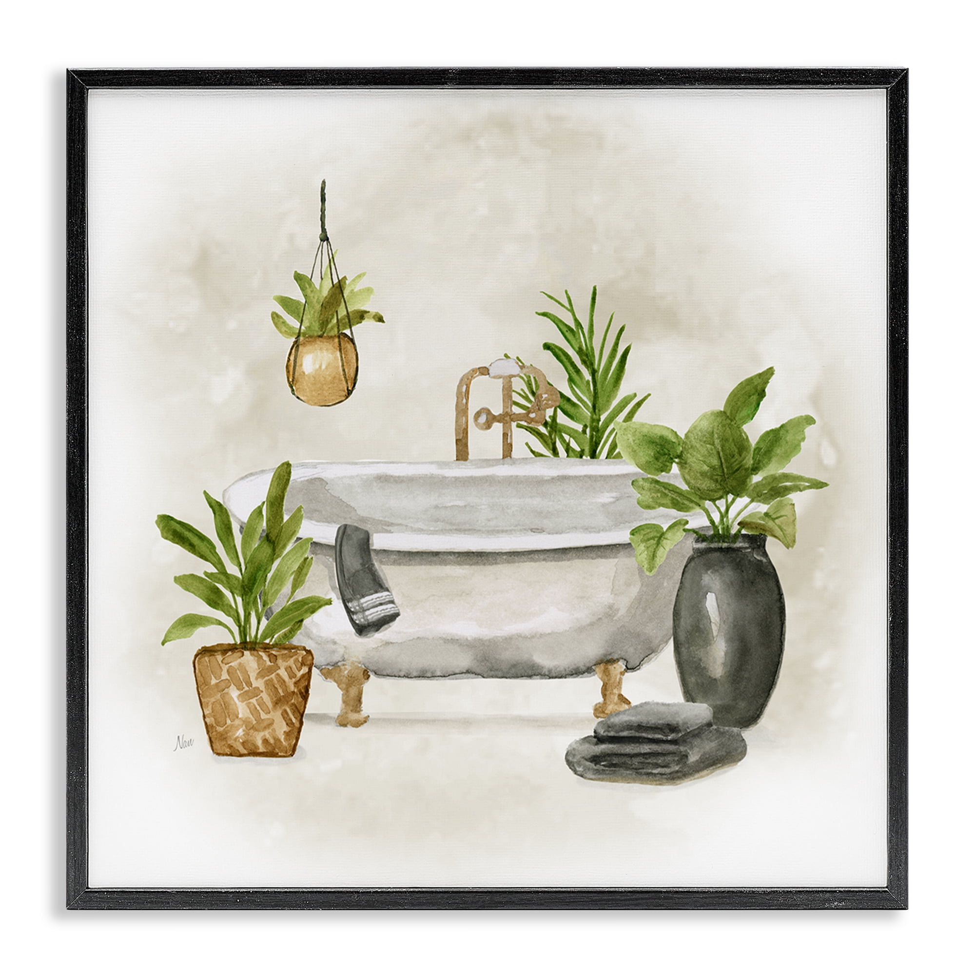 Stupell Industries Bathroom with Plants Bath & Laundry Painting Black Framed Art Print Wall Art, 24 x 24