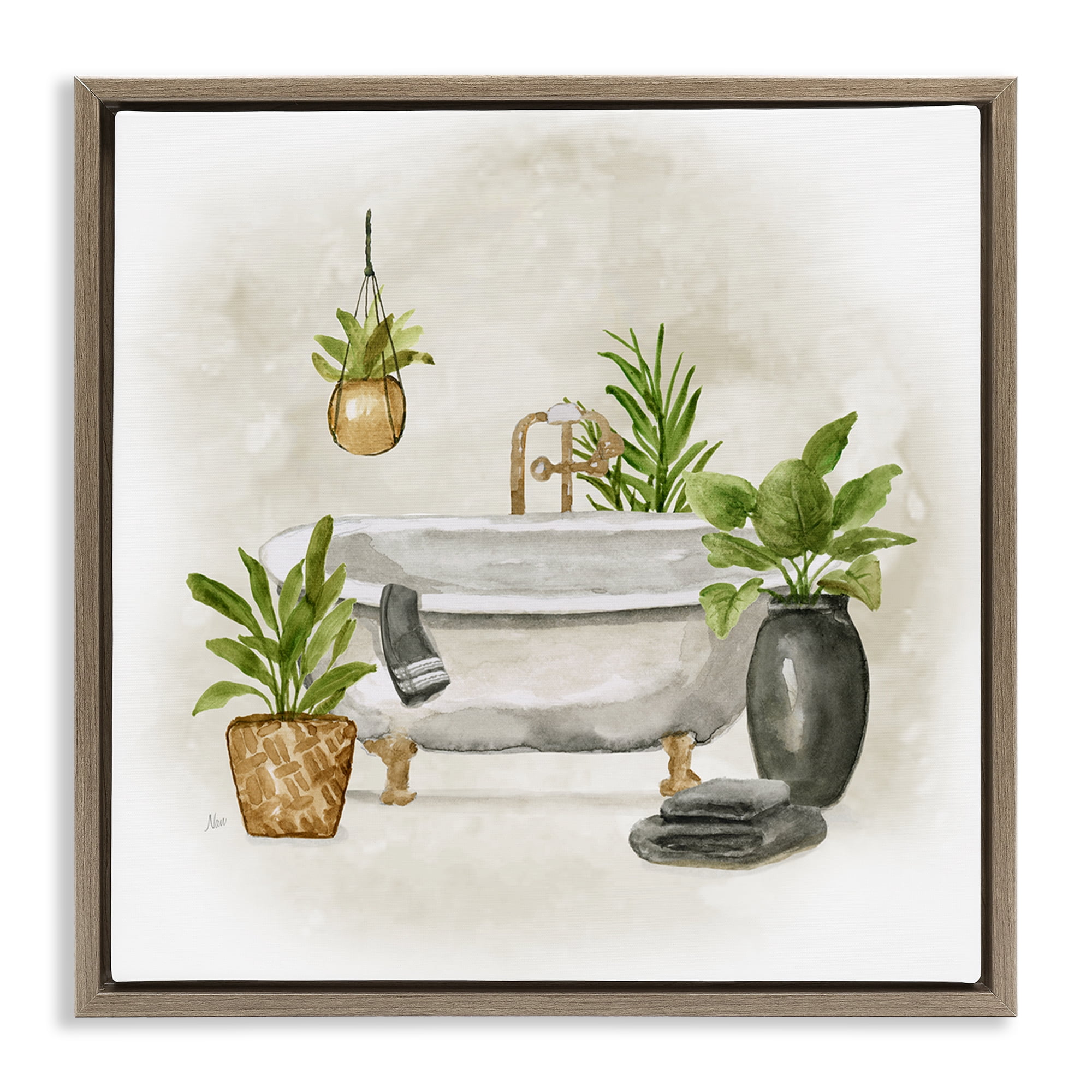 Stupell Industries Bathroom with Plants Bath & Laundry Painting Brown Floater Framed Canvas Art Print Wall Art, 25 x 25