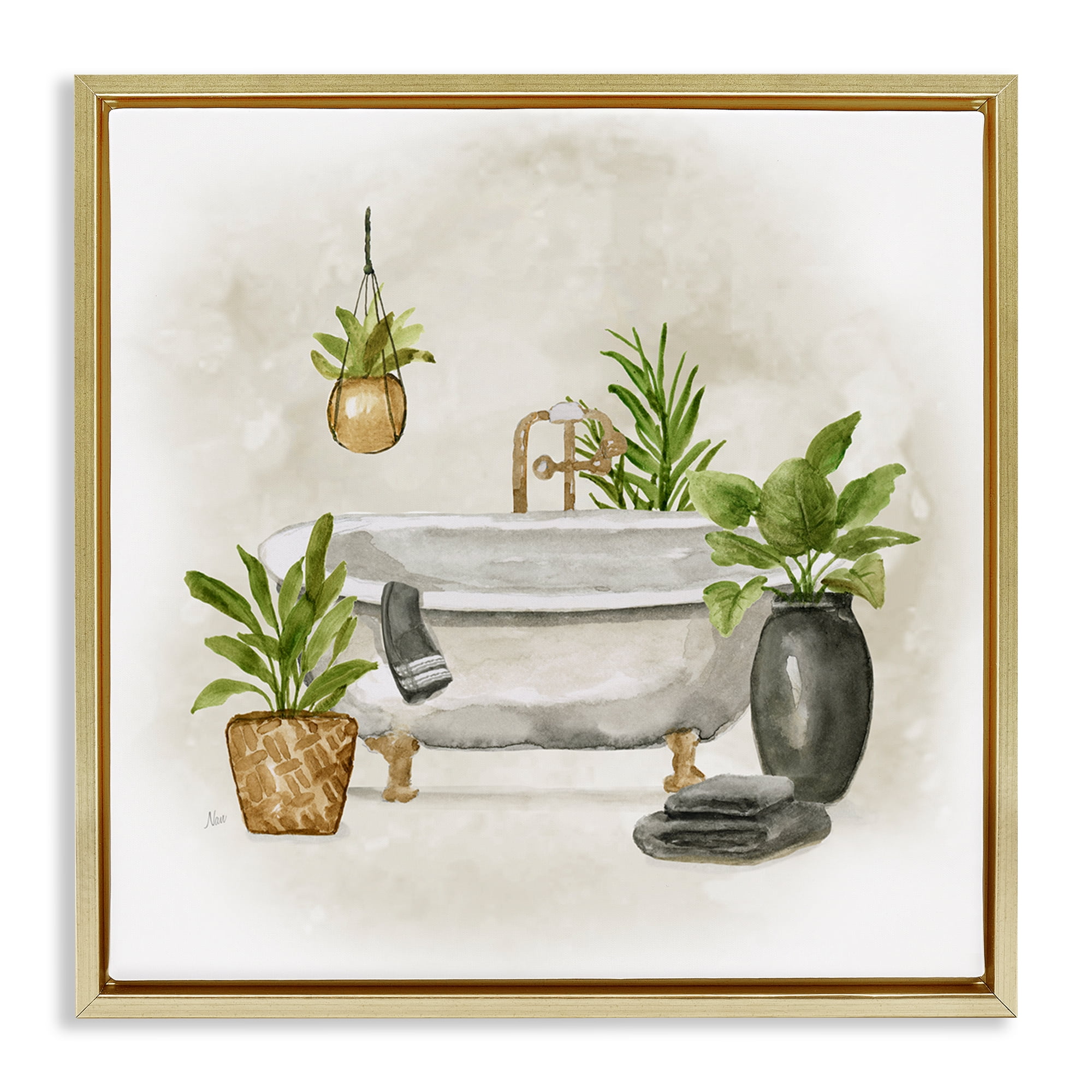 Stupell Industries Bathroom with Plants Bath & Laundry Painting Gold Floater Framed Canvas Art Print Wall Art, 25 x 25
