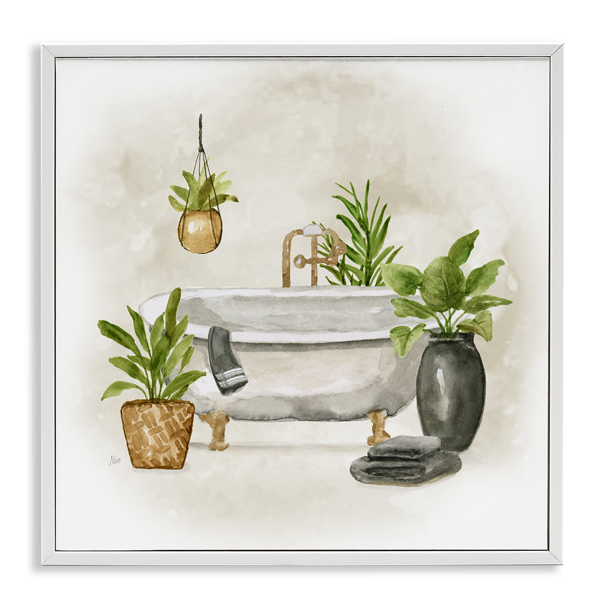 Stupell Industries Bathroom with Plants Bath & Laundry Painting White Framed Art Print Wall Art, 24 x 24