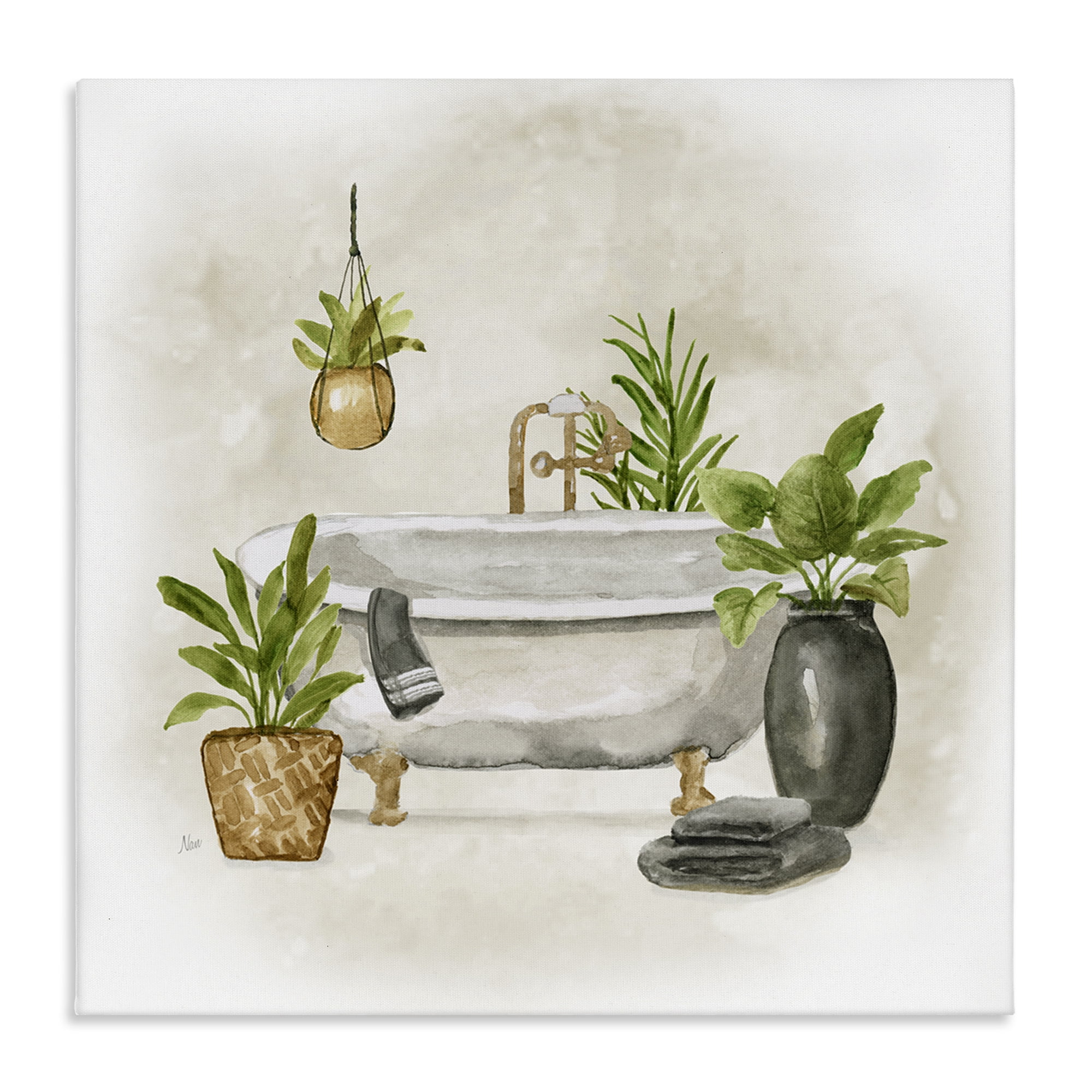 Stupell Industries Bathroom with Plants Bath & Laundry Painting Wrapped Canvas Art Print Wall Art, 30 x 30