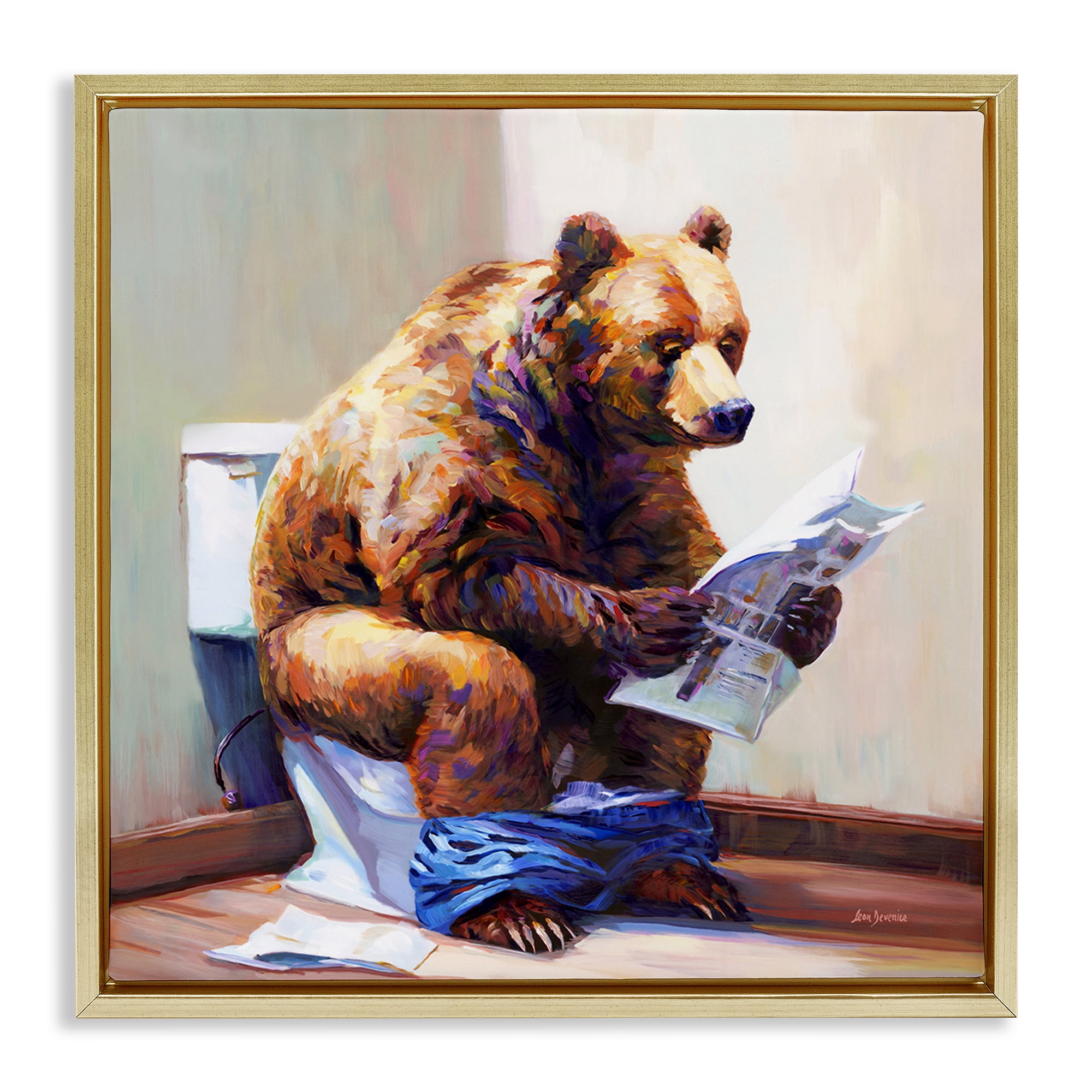 Stupell Industries Bathtub Bear with Graffiti Typography Painting Gold Floater Framed Canvas Art Print Wall Art, 18 x 18