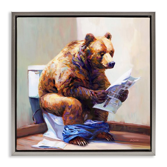Stupell Industries Bathtub Bear with Graffiti Typography Painting Gray Floater Framed Canvas Art Print Wall Art, 18 x 18