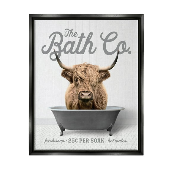 Stupell Industries Bathtub Highland Cow Animals & Insects Painting Black Floater Framed Art Print Wall Art, 17 x 21