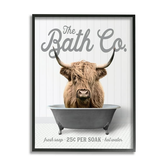Stupell Industries Bathtub Highland Cow Animals & Insects Painting Black Framed Art Print Wall Art, 11 x 14