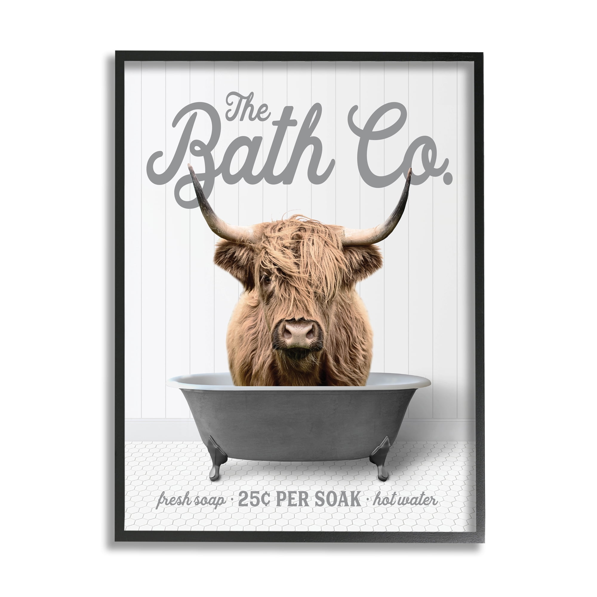 Stupell Industries Bathtub Highland Cow Animals & Insects Painting Black Framed Art Print Wall Art, 24 x 30