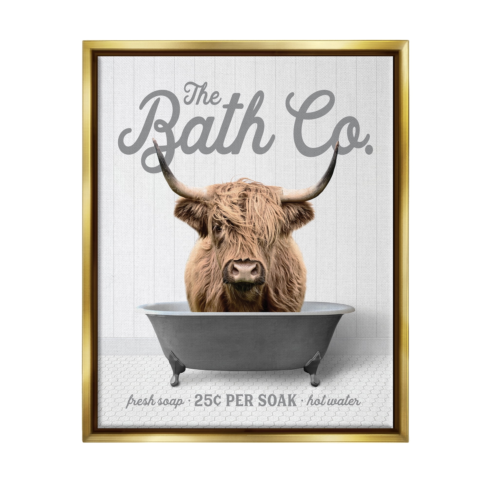 Stupell Industries Bathtub Highland Cow Animals & Insects Painting Gold Floater Framed Art Print Wall Art, 17 x 21