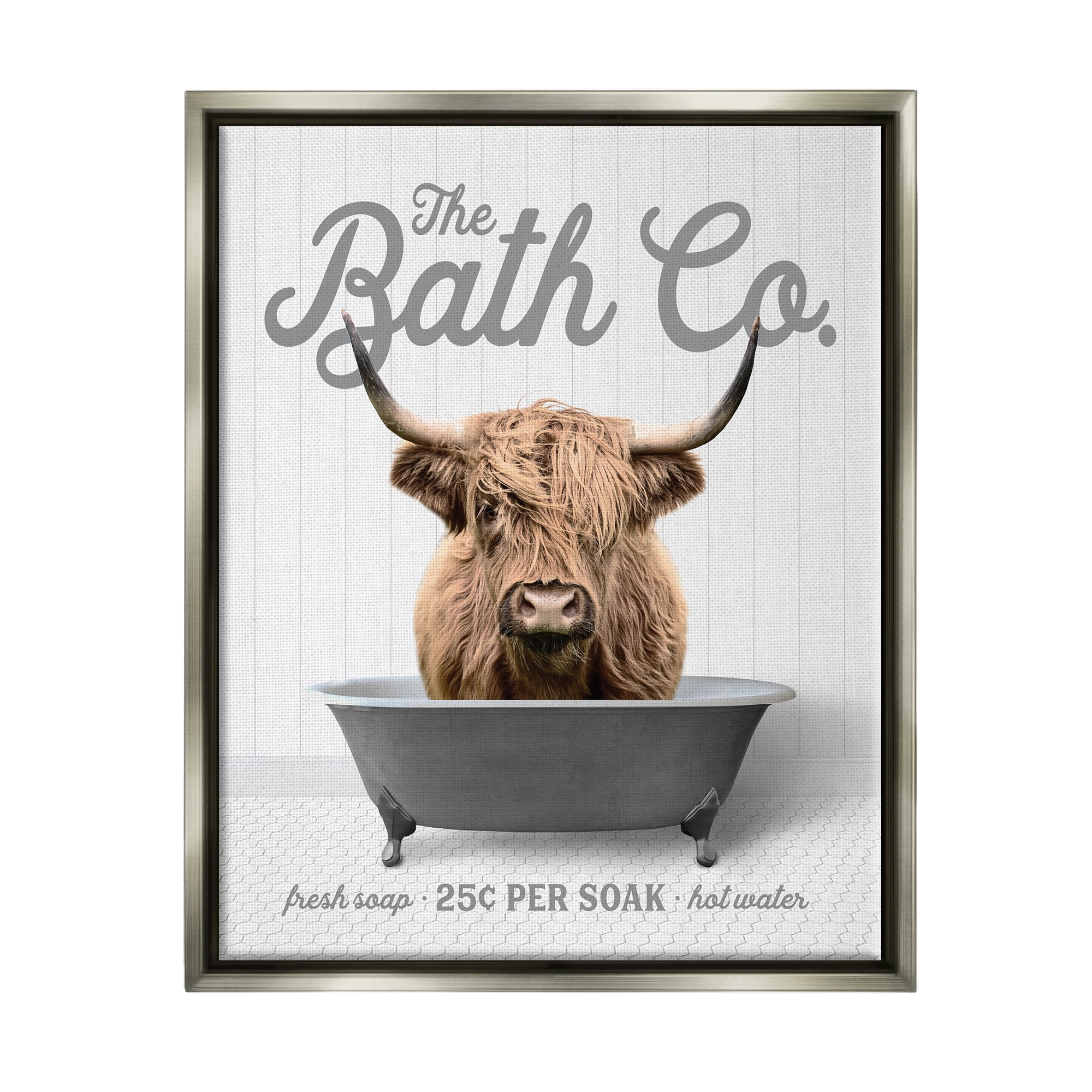 Stupell Industries Bathtub Highland Cow Animals & Insects Painting Gray Floater Framed Art Print Wall Art, 25 x 31