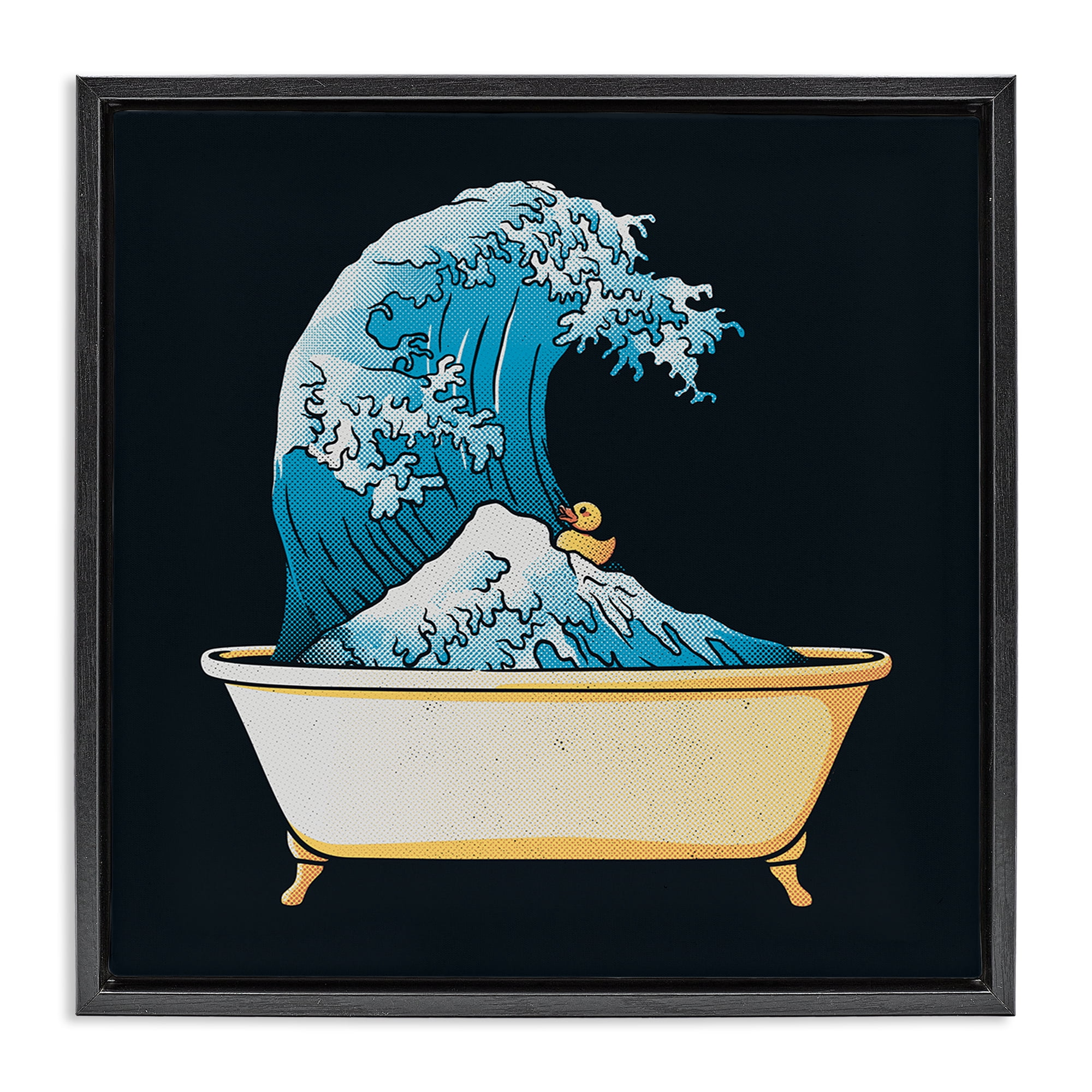 Stupell Industries Bathtub with Kanagawa Wave Black Framed Floater Canvas Wall Art, design by Tobe Fonseca
