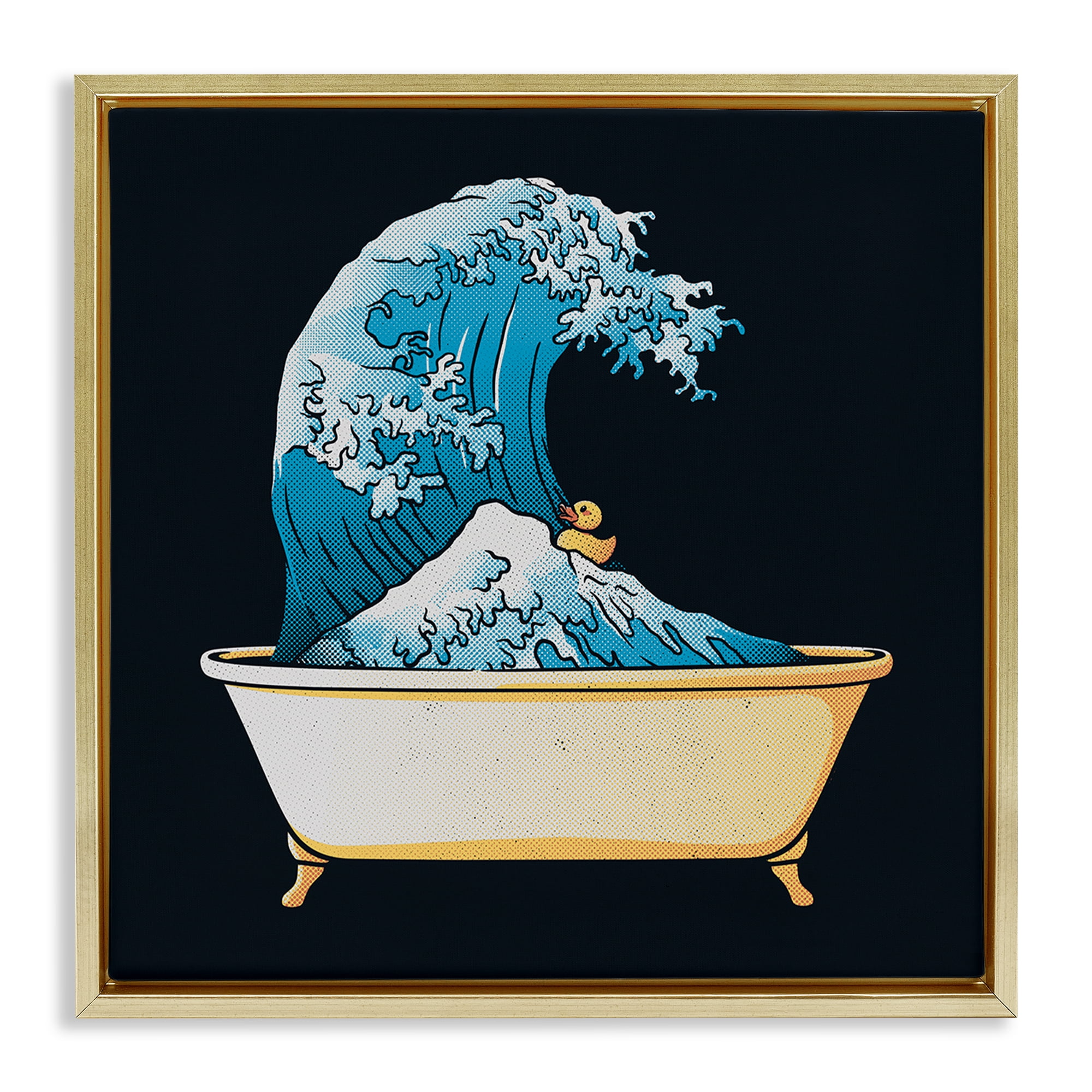 Stupell Industries Bathtub with Kanagawa Wave Gold Framed Floater Canvas Wall Art, design by Tobe Fonseca