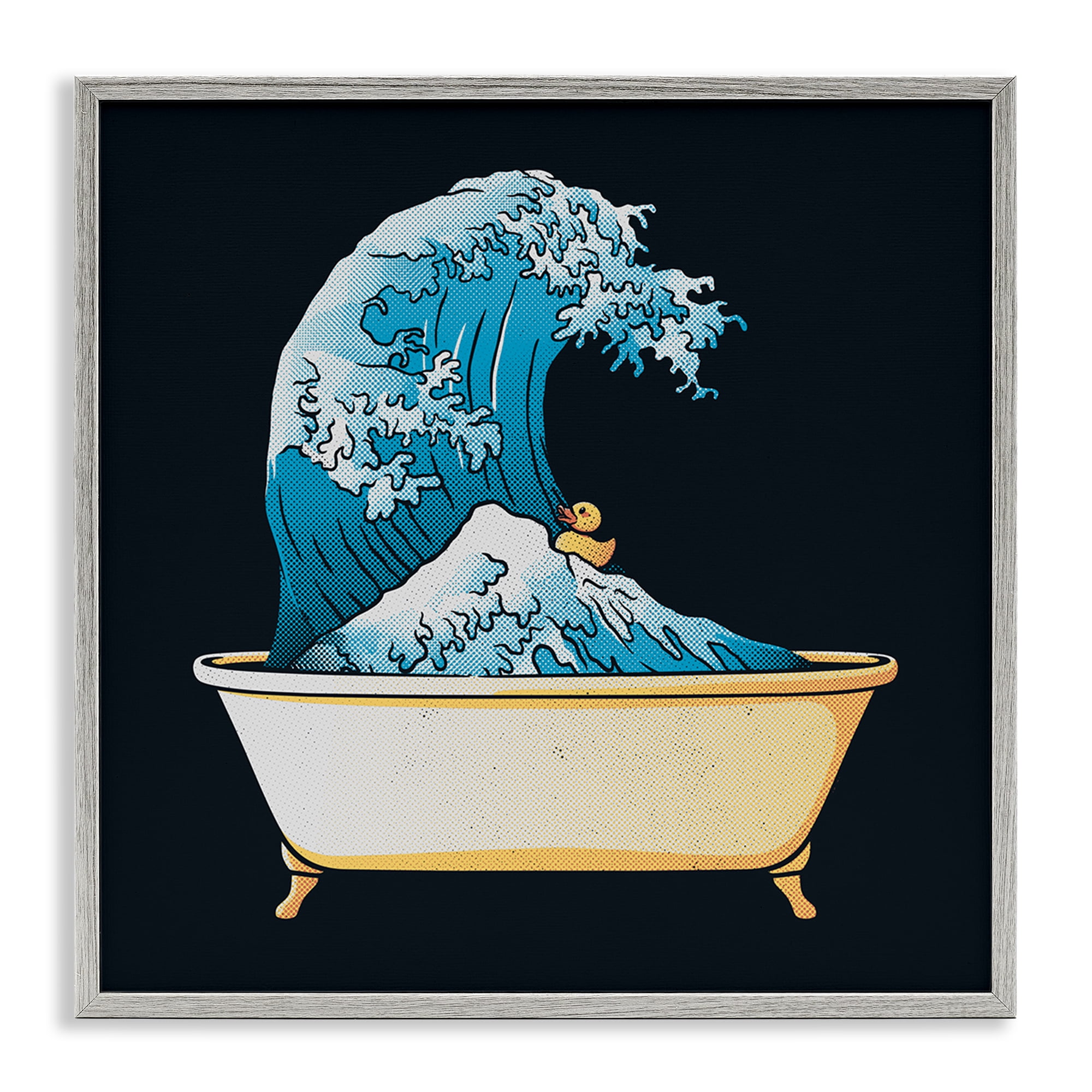 Stupell Industries Bathtub with Kanagawa Wave Gray Framed Giclee Art, design by Tobe Fonseca