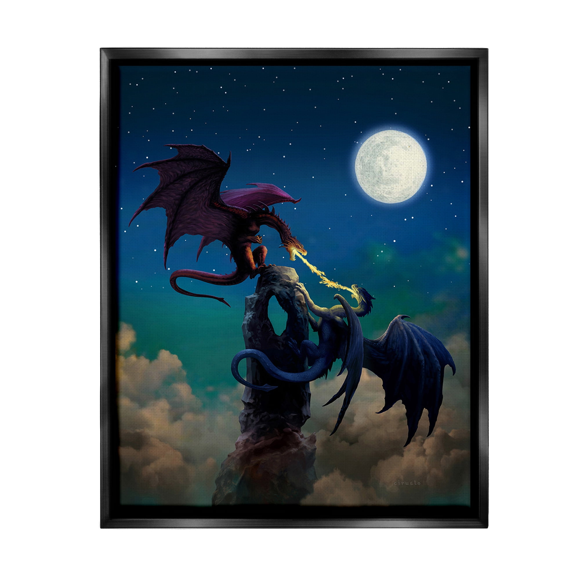 Stupell Industries Battling Dragons at Night Fairy Tales & Fantasy Painting Black Floater Framed Canvas Art Print Wall Art, 25 x 31