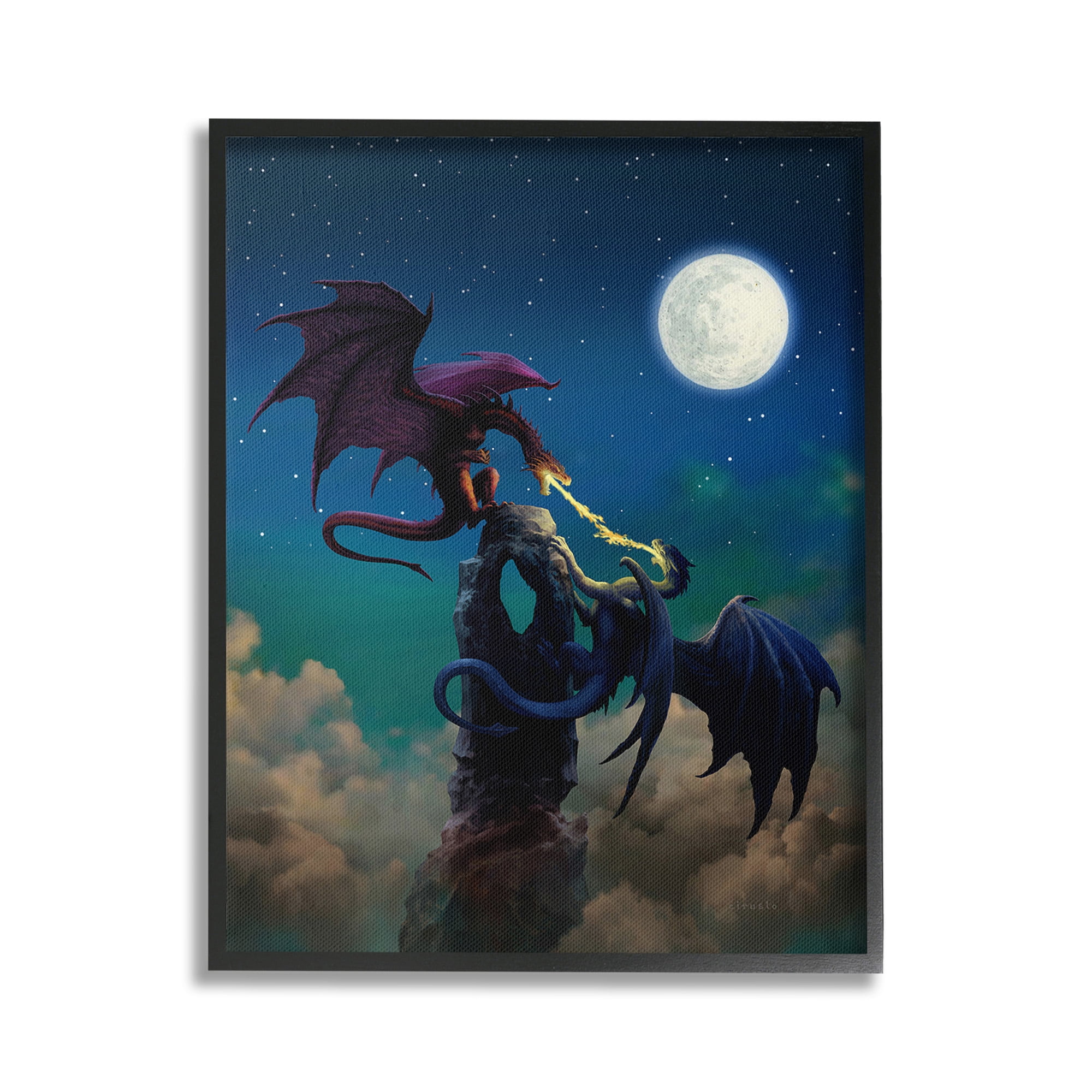 Stupell Industries Battling Dragons at Night Fairy Tales & Fantasy Painting Black Framed Art Print Wall Art, 16 x 20