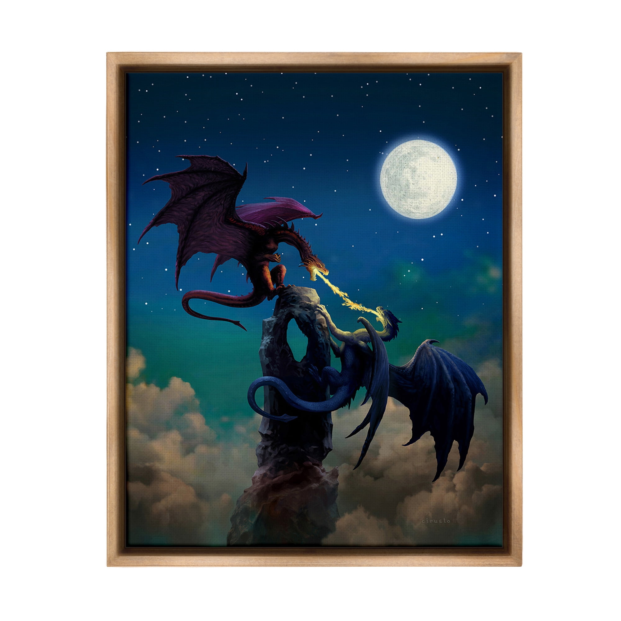 Stupell Industries Battling Dragons at Night Fairy Tales & Fantasy Painting Brown Floater Framed Canvas Art Print Wall Art, 17 x 21