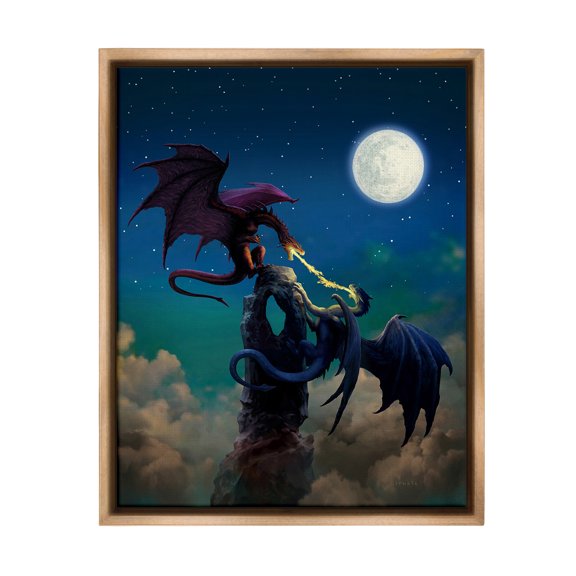 Stupell Industries Battling Dragons at Night Fairy Tales & Fantasy Painting Brown Floater Framed Canvas Art Print Wall Art, 17 x 21