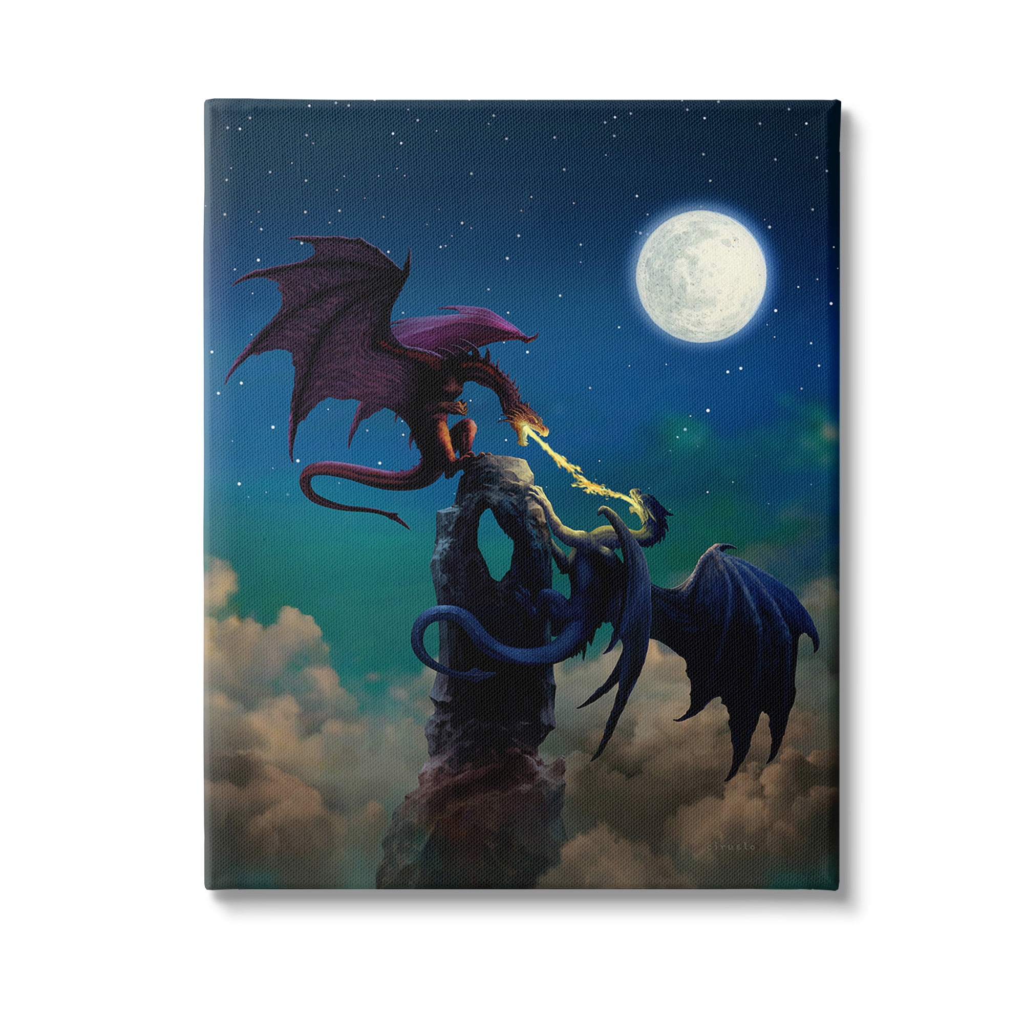 Stupell Industries Battling Dragons at Night Fairy Tales & Fantasy Painting Gallery Wrapped Canvas Art Print Wall Art, 36 x 48