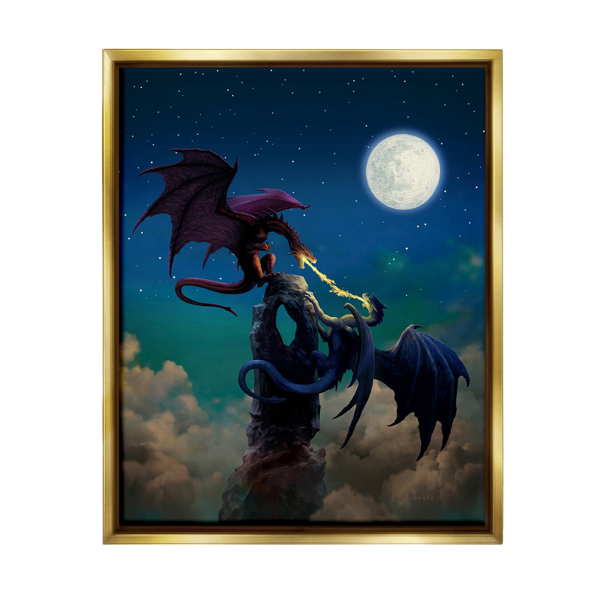 Stupell Industries Battling Dragons at Night Fairy Tales & Fantasy Painting Gold Floater Framed Canvas Art Print Wall Art, 25 x 31