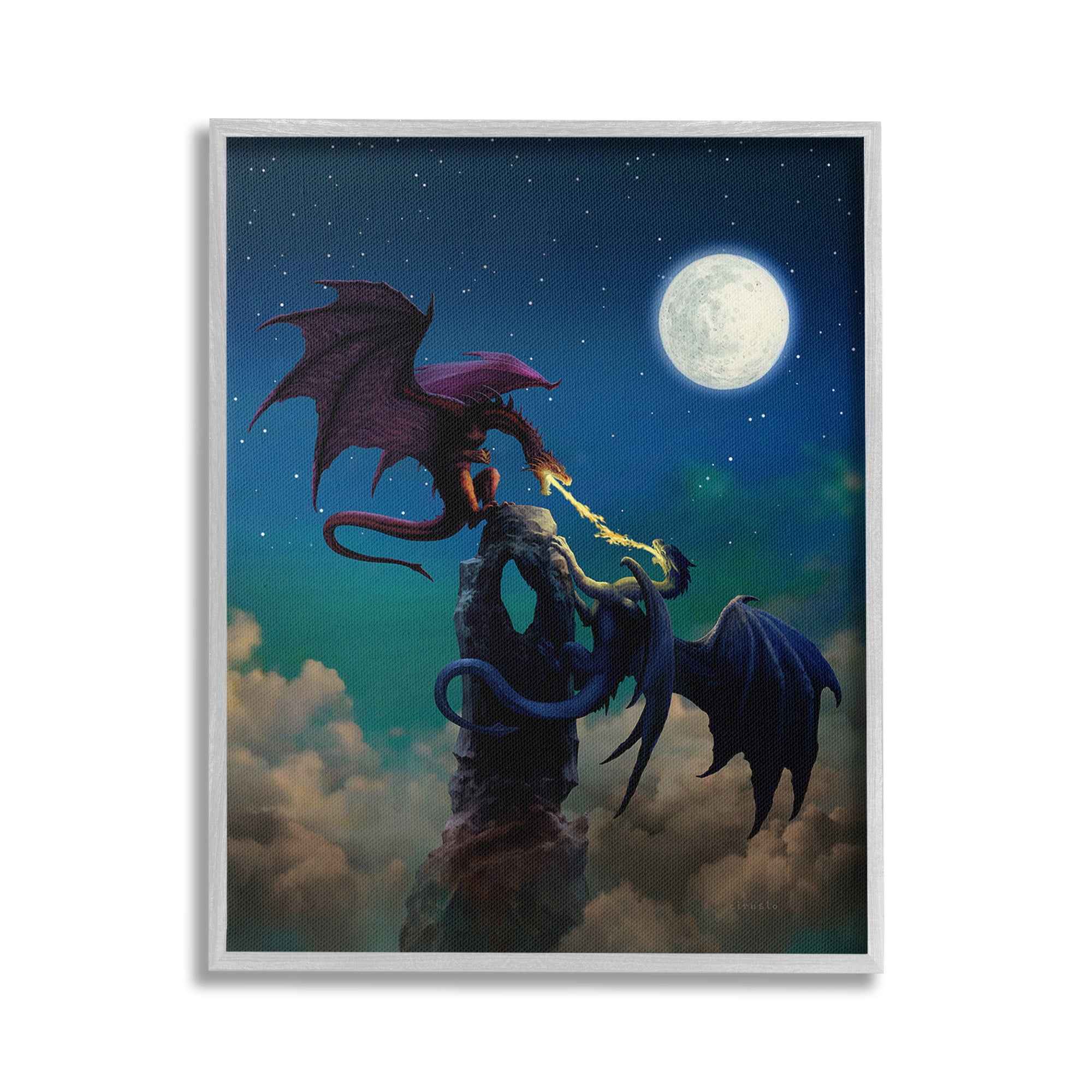 Stupell Industries Battling Dragons at Night Fairy Tales & Fantasy Painting Gray Framed Art Print Wall Art, 24 x 30