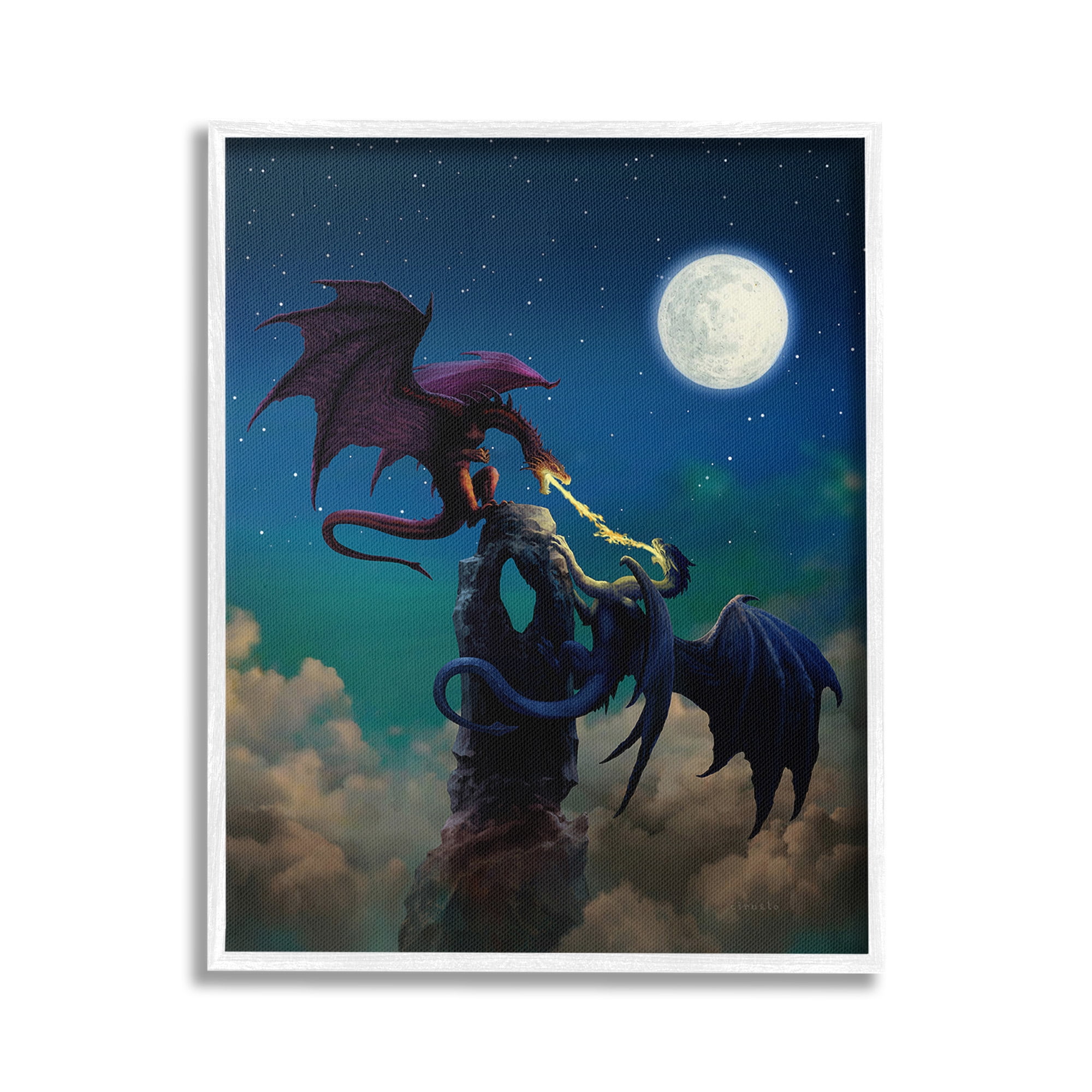 Stupell Industries Battling Dragons at Night Fairy Tales & Fantasy Painting White Framed Art Print Wall Art, 16 x 20