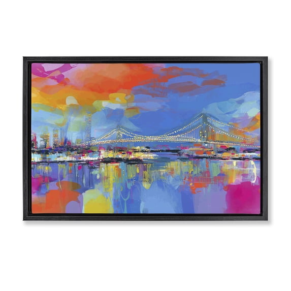 Stupell Industries Industrial Bay Bridge Aglow at Sunrise Black Floating Frame Canvas Art, 25 x 17, by Chromatic Storm Studio