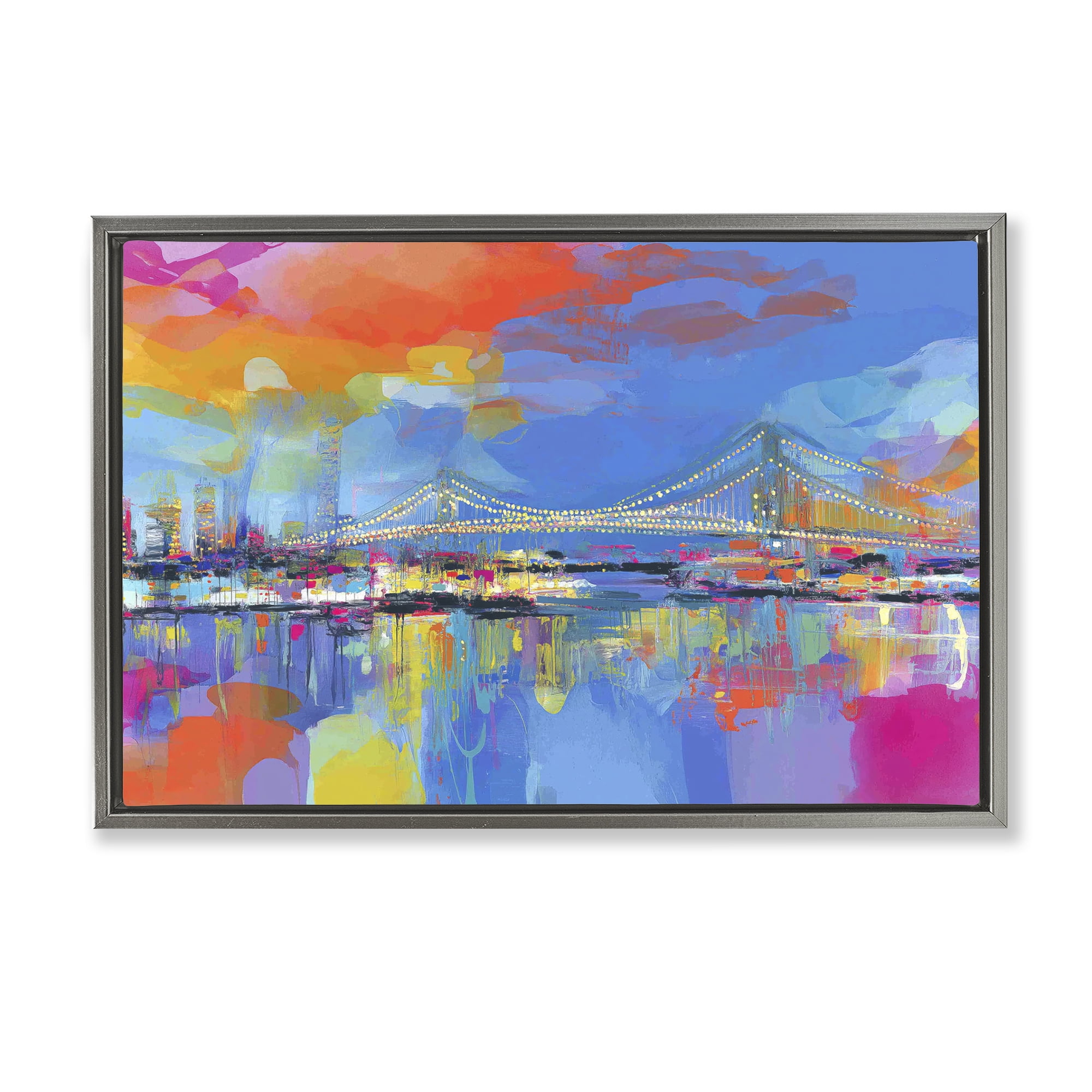 Stupell Industries Bay Bridge Aglow at Sunrise Gray Framed Floater Canvas Wall Art, design by Chromatic Storm Studio