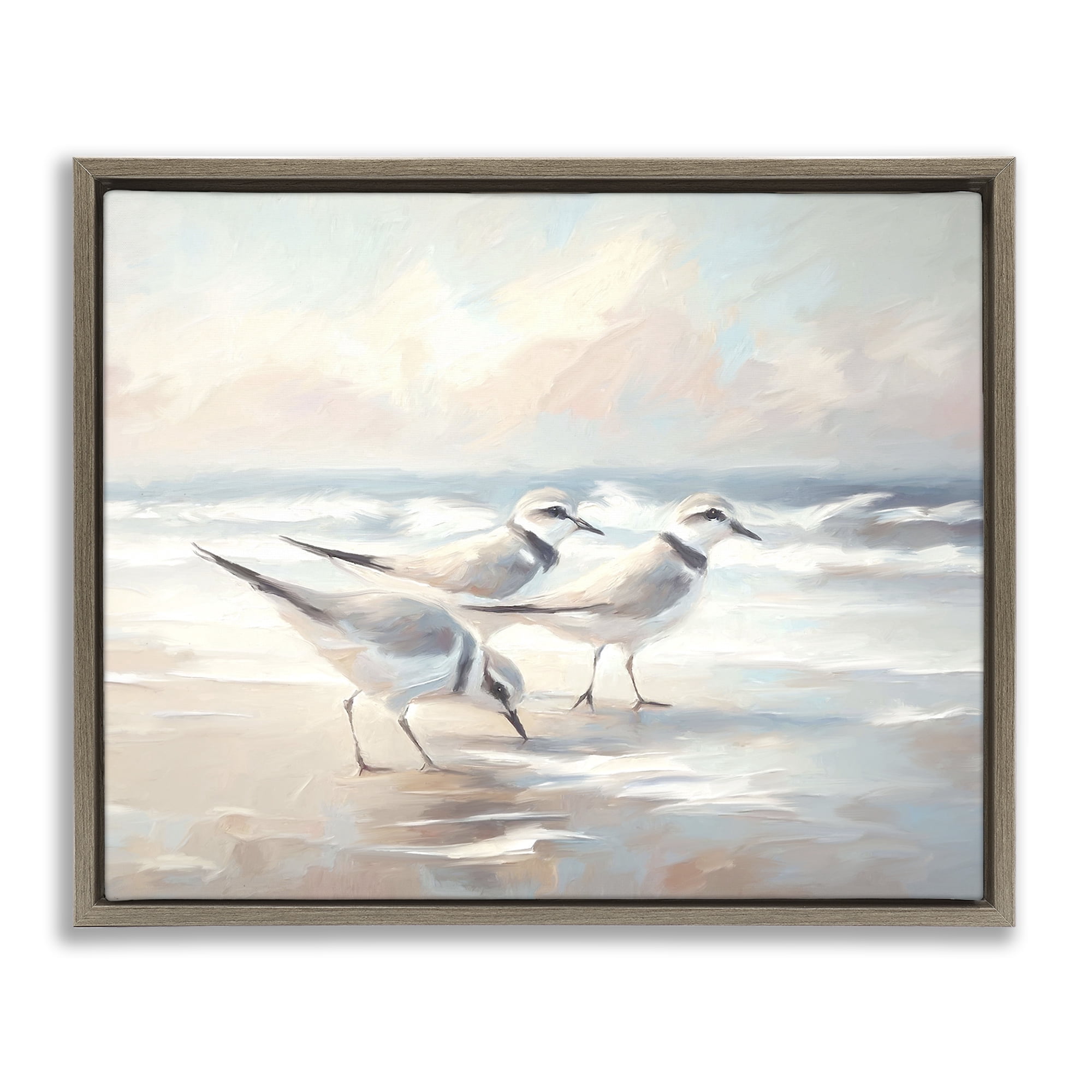 Stupell Industries Bay with Beach Birds Coastal Painting Brown Floater Framed Canvas Art Print Wall Art, 21 x 17