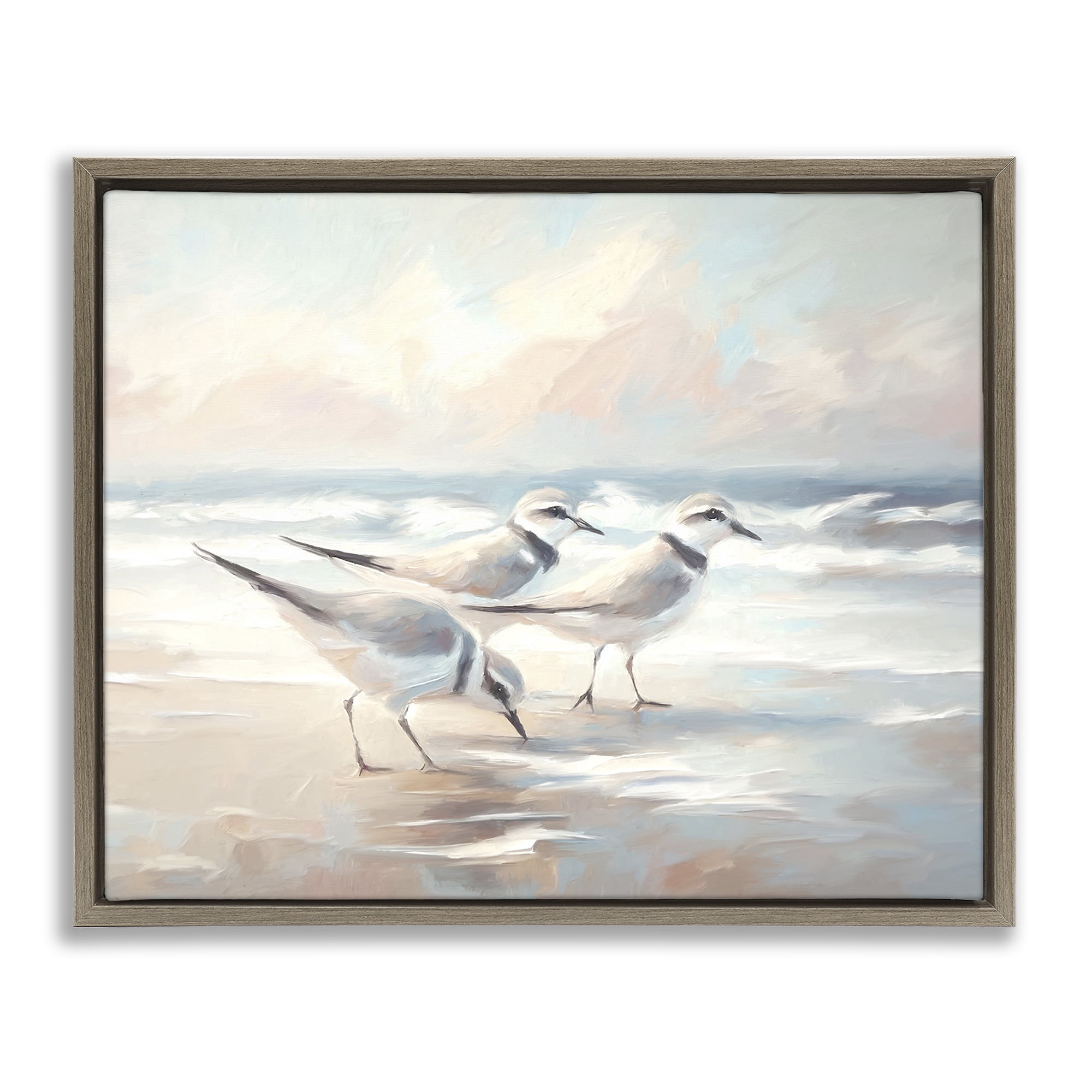 Stupell Industries Bay with Beach Birds Coastal Painting Brown Floater Framed Canvas Art Print Wall Art, 31 x 25