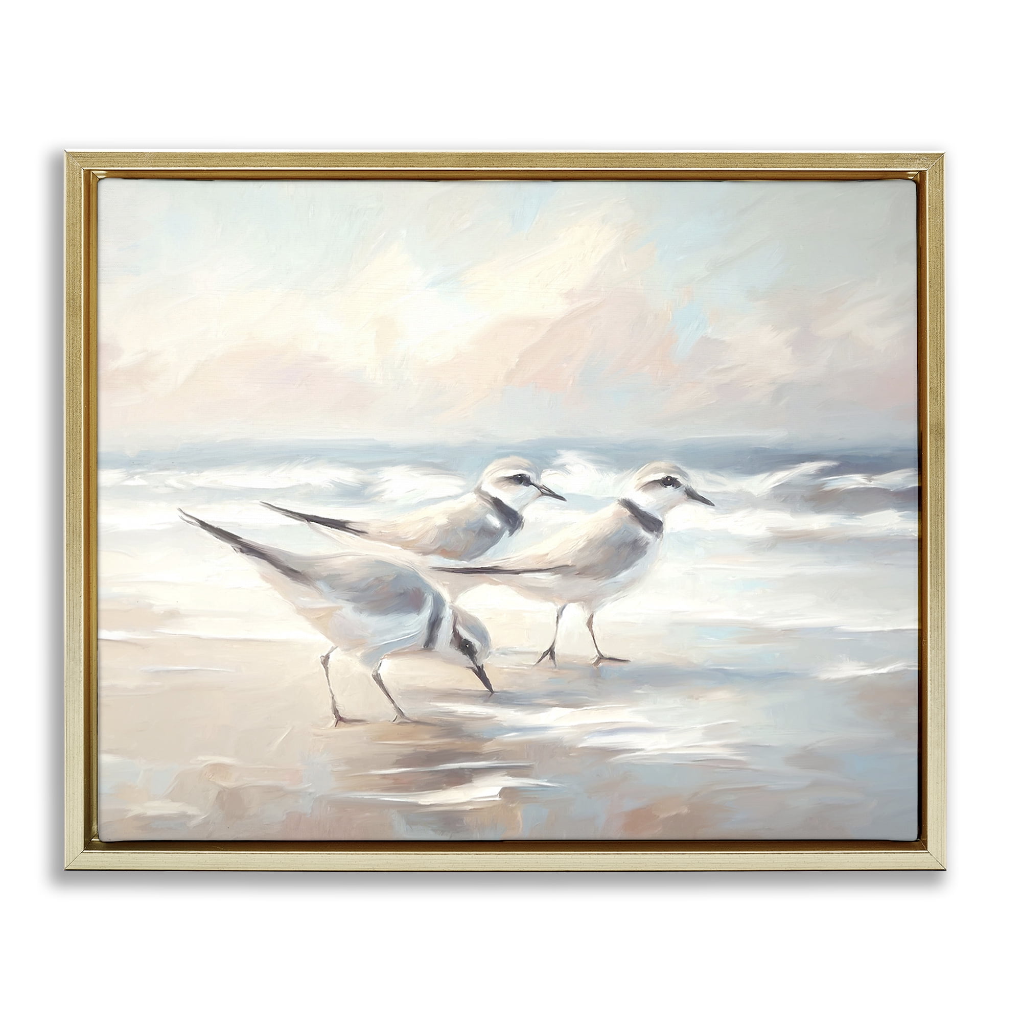 Stupell Industries Bay with Beach Birds Coastal Painting Gold Floater Framed Canvas Art Print Wall Art, 31 x 25