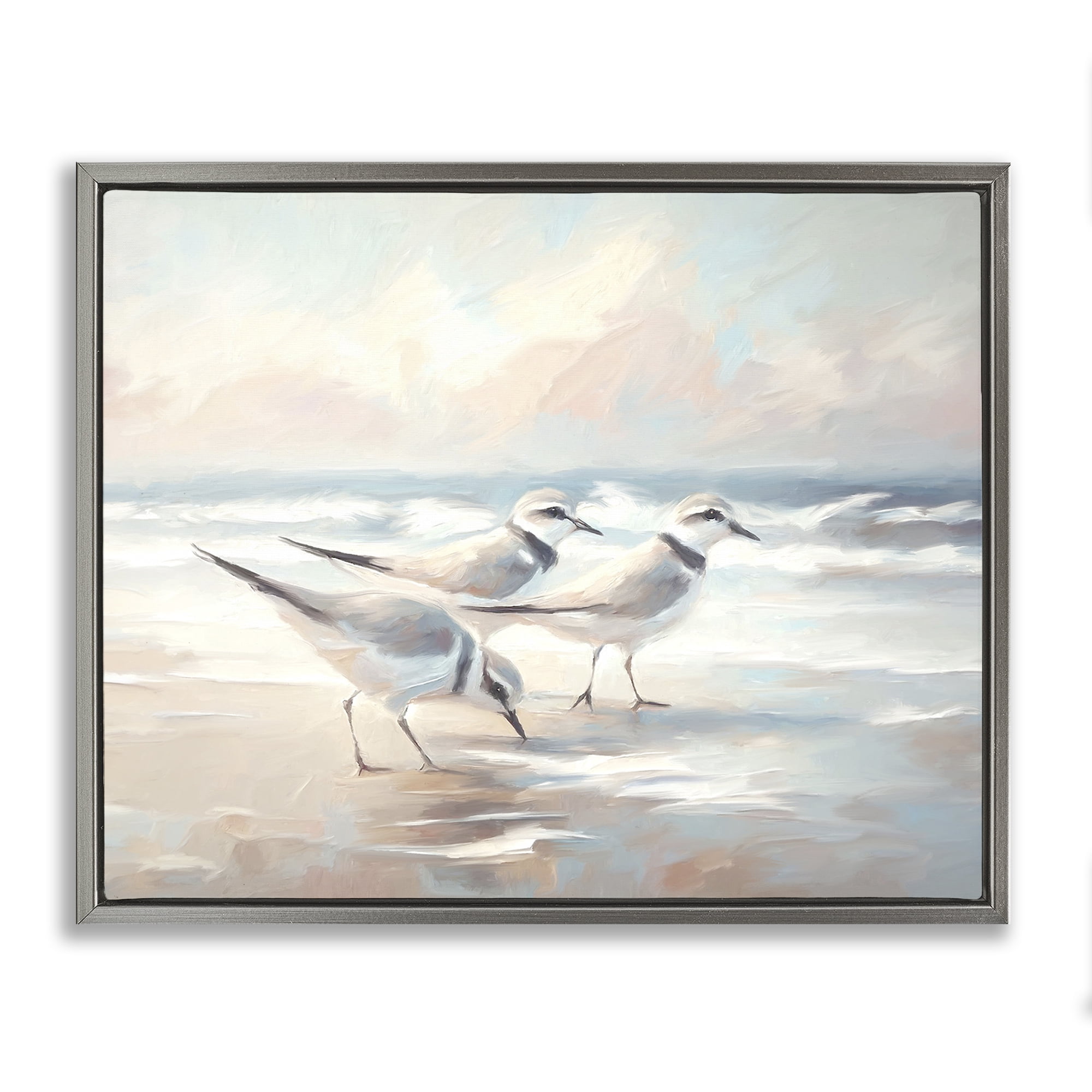 Stupell Industries Bay with Beach Birds Coastal Painting Gray Floater Framed Canvas Art Print Wall Art, 21 x 17