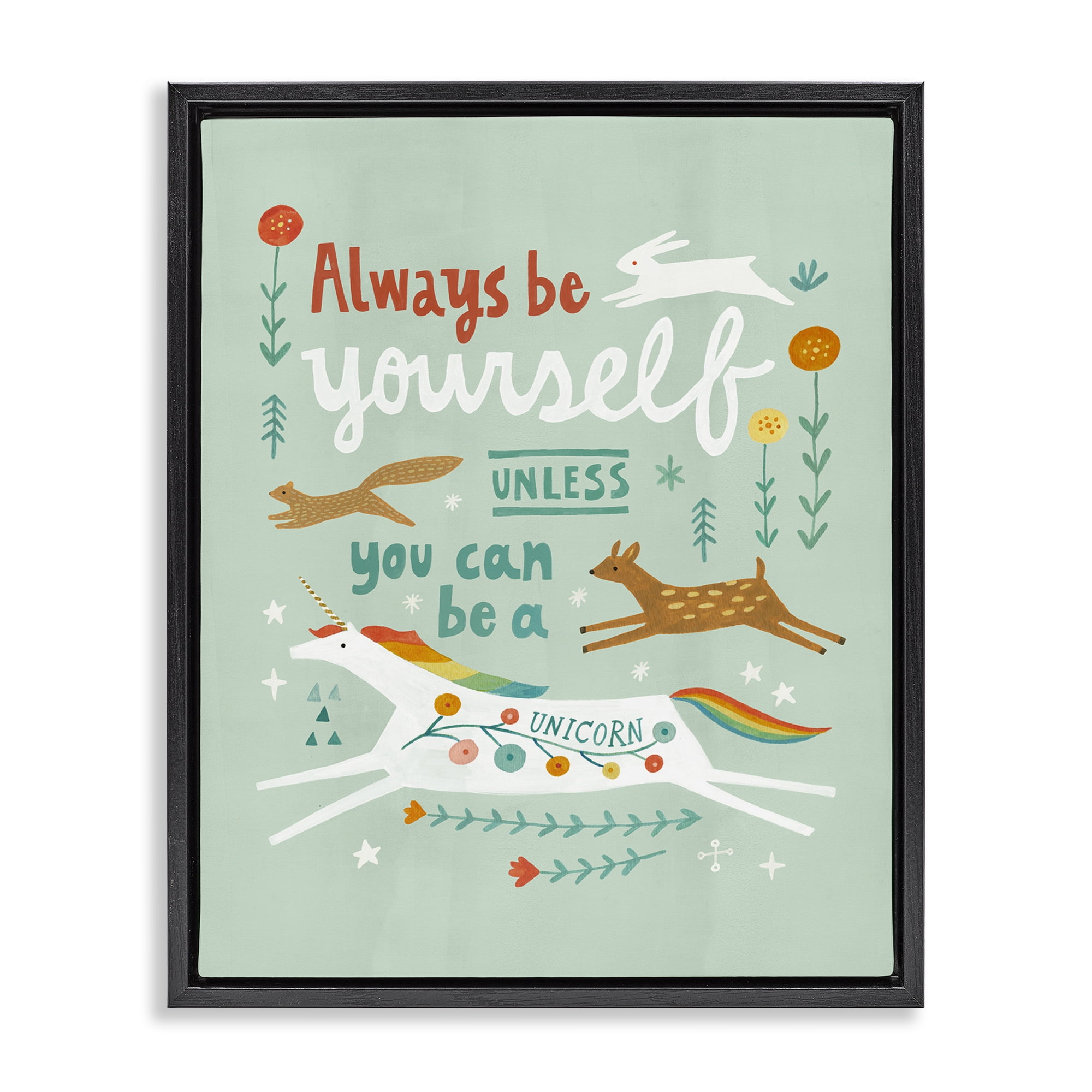 Stupell Industries Be A Unicorn with Wildlife Animals Painting Black Floater Framed Canvas Art Print Wall Art, 17 x 21