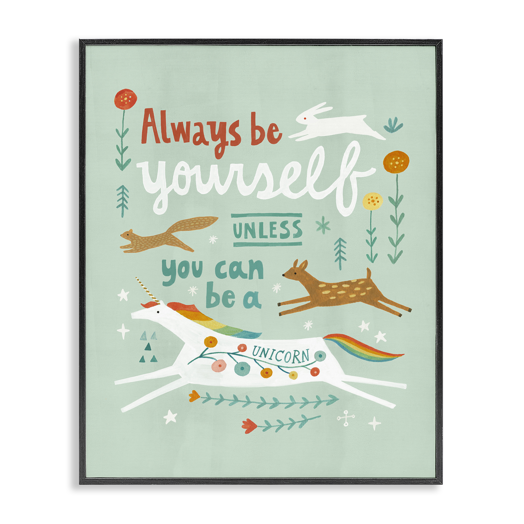 Stupell Industries Be A Unicorn with Wildlife Animals Painting Black Framed Art Print Wall Art, 24 x 30