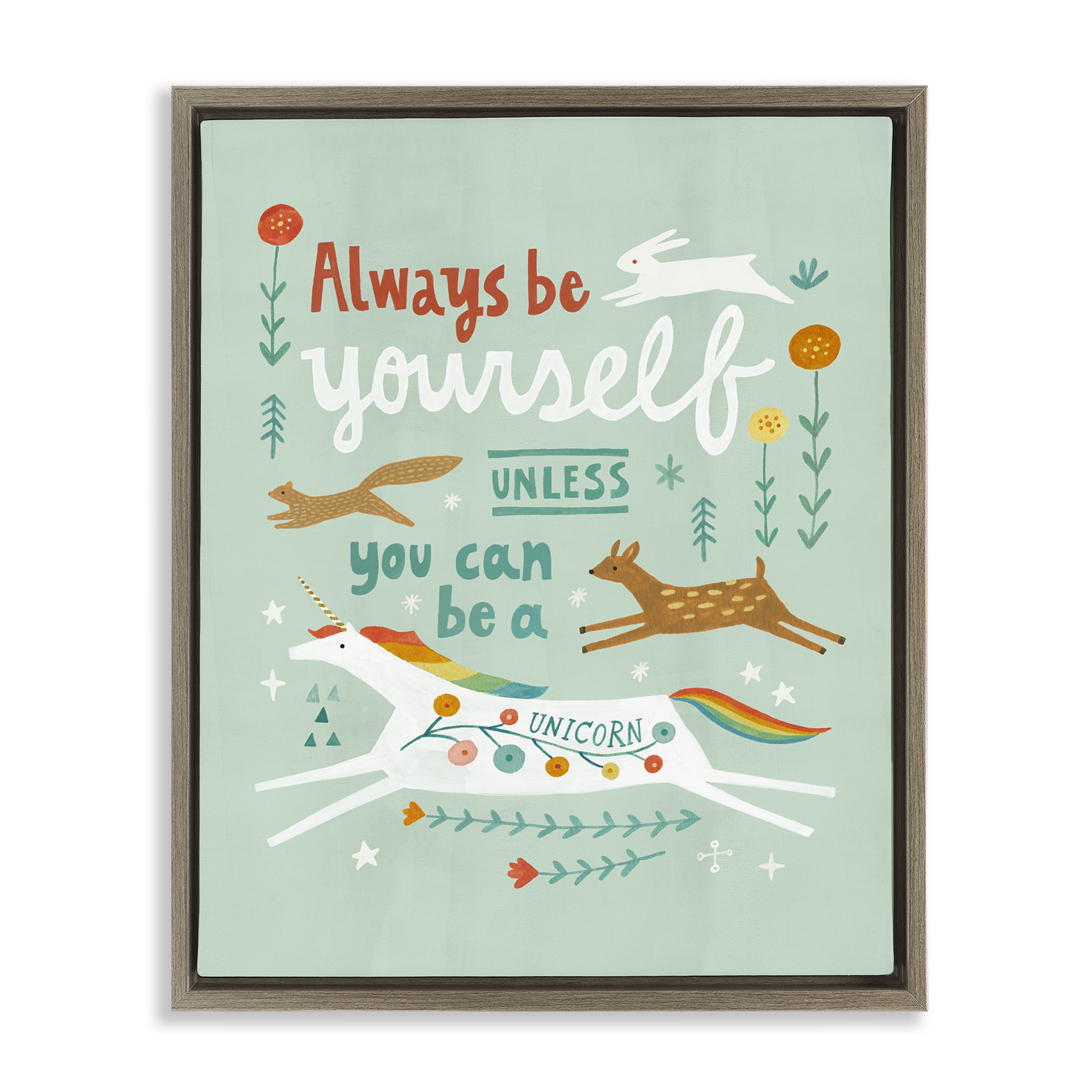 Stupell Industries Be A Unicorn with Wildlife Animals Painting Brown Floater Framed Canvas Art Print Wall Art, 17 x 21