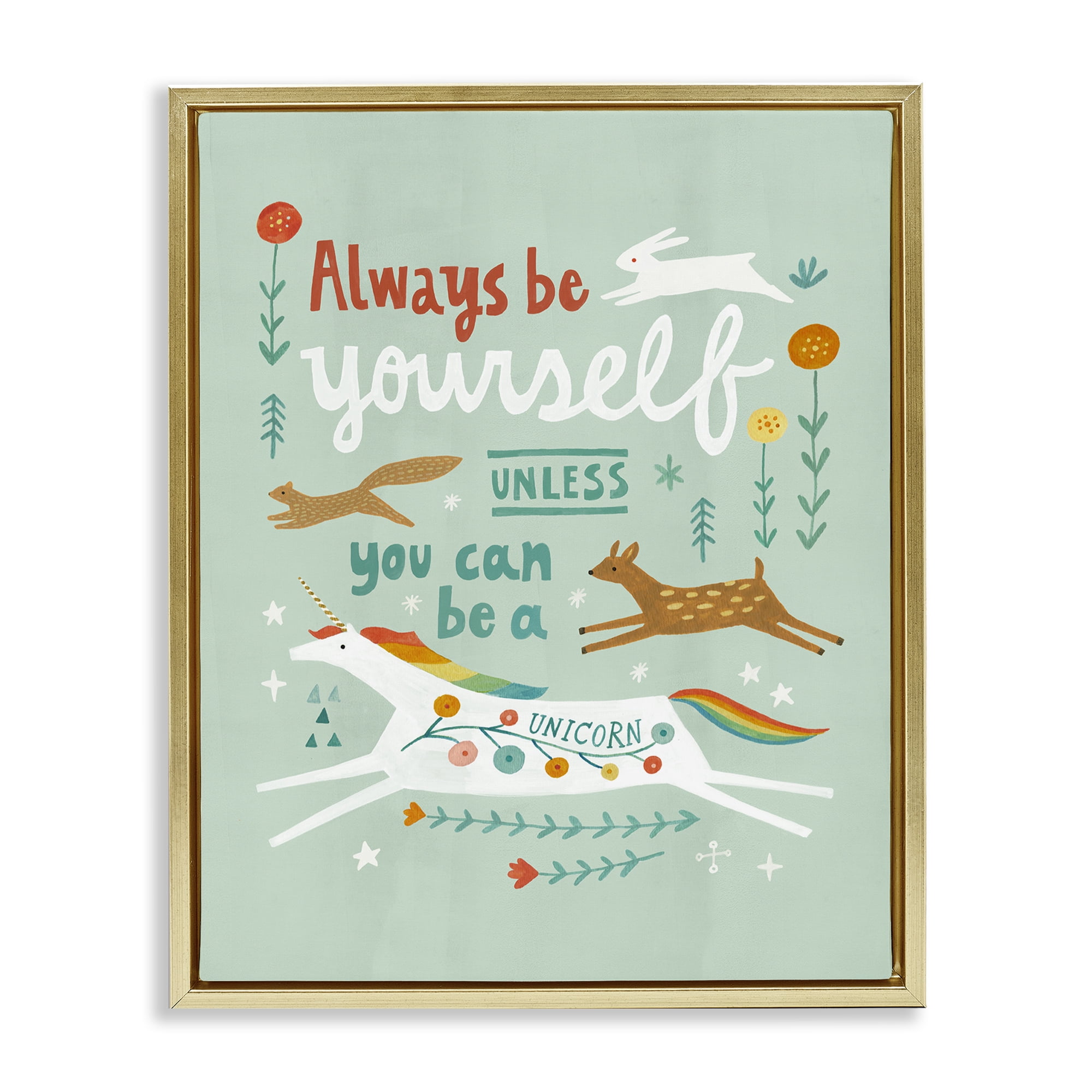 Stupell Industries Be A Unicorn with Wildlife Animals Painting Gold Floater Framed Canvas Art Print Wall Art, 17 x 21