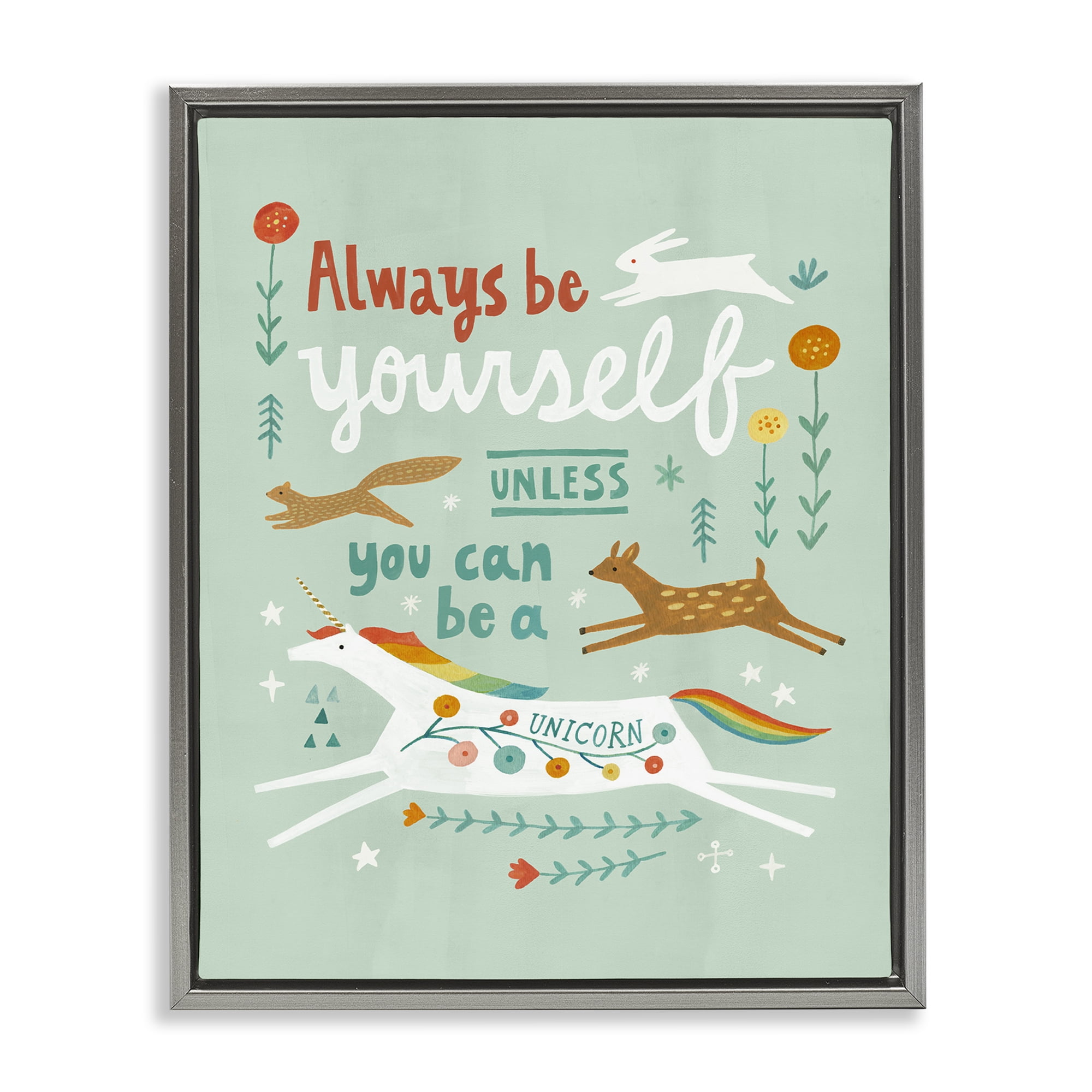 Stupell Industries Be A Unicorn with Wildlife Animals Painting Gray Floater Framed Canvas Art Print Wall Art, 17 x 21