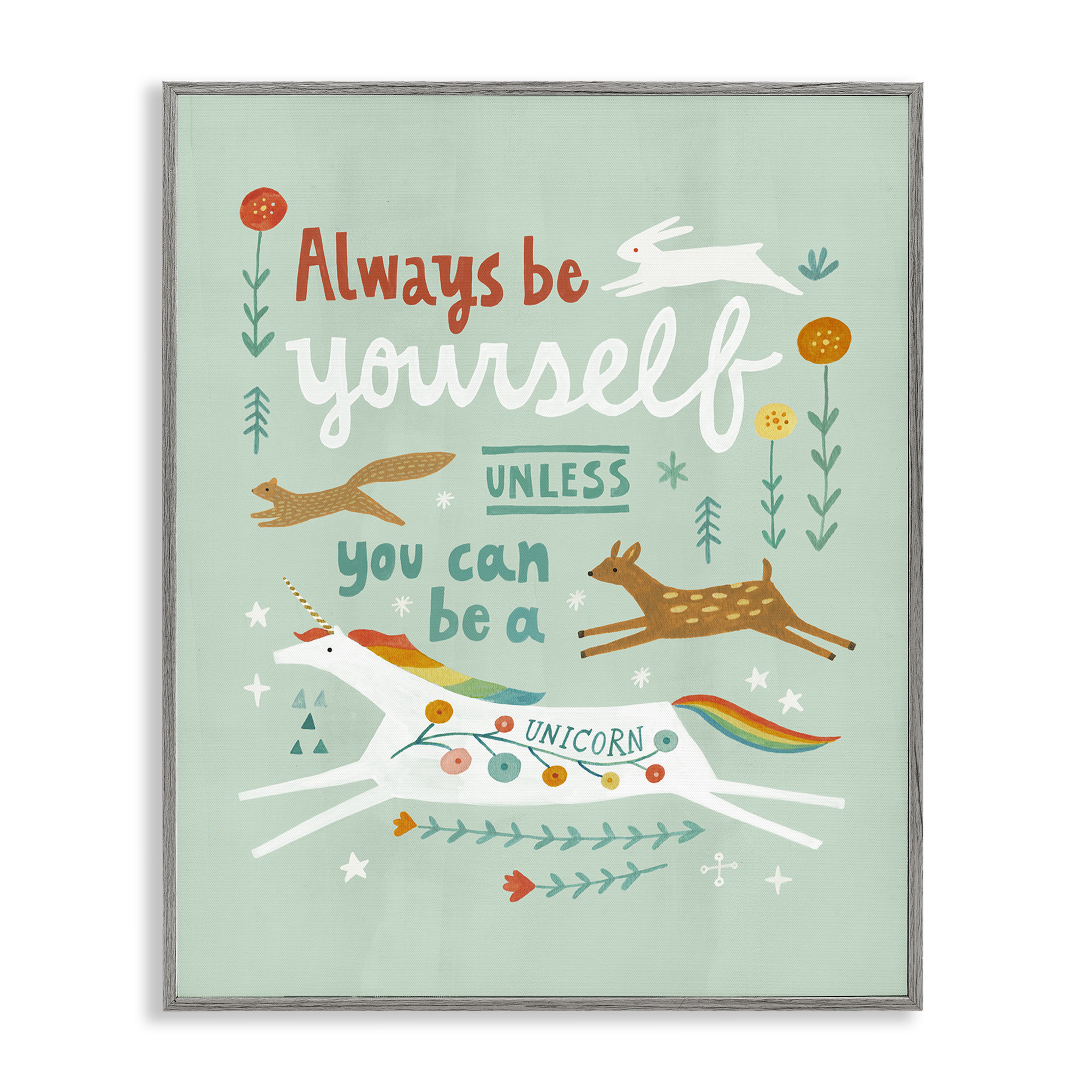 Stupell Industries Be A Unicorn with Wildlife Animals Painting Gray Framed Art Print Wall Art, 16 x 20