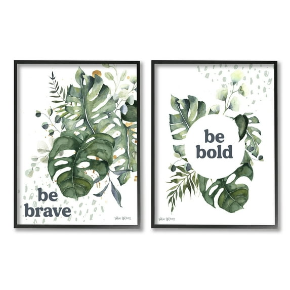 Stupell Industries Be Bold & Brave Quote Botanical Watercolor Monstera Leaves, 16 x 20, Design by Valerie Wieners